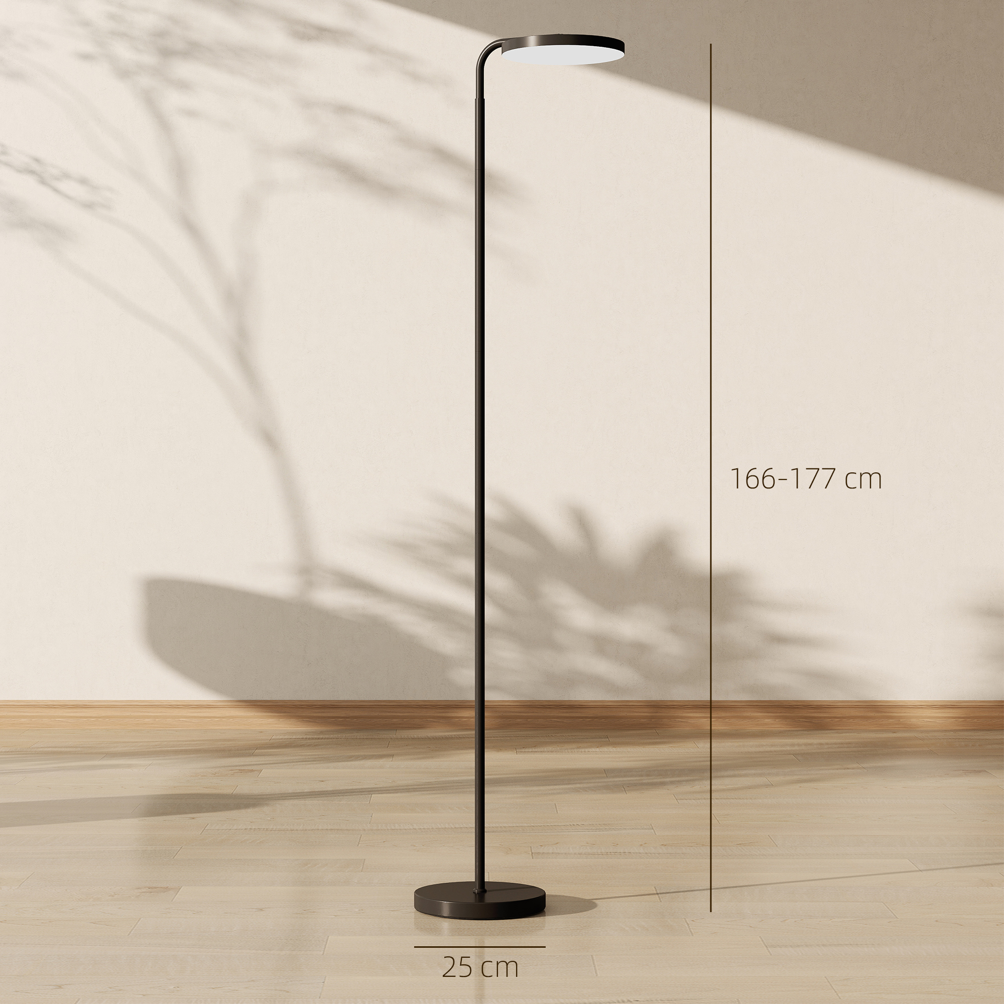 Lampada da terra nera moderna con paralume rotondo, incluse dimensioni.