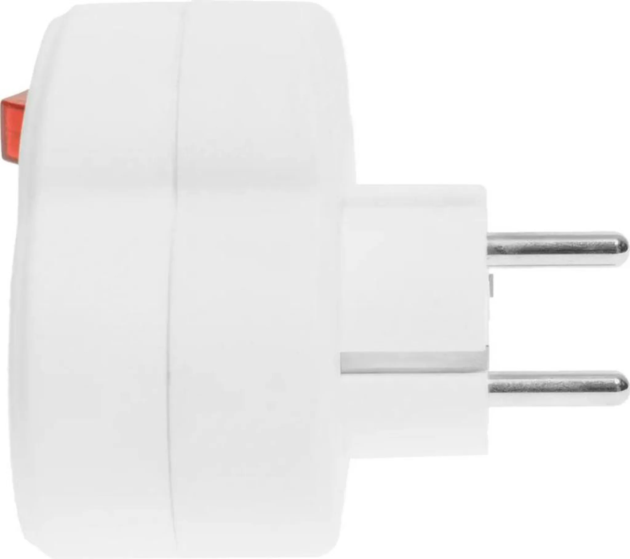 Ein weißer Reiseadapter mit einem roten Schalter und zwei Metallstiften.