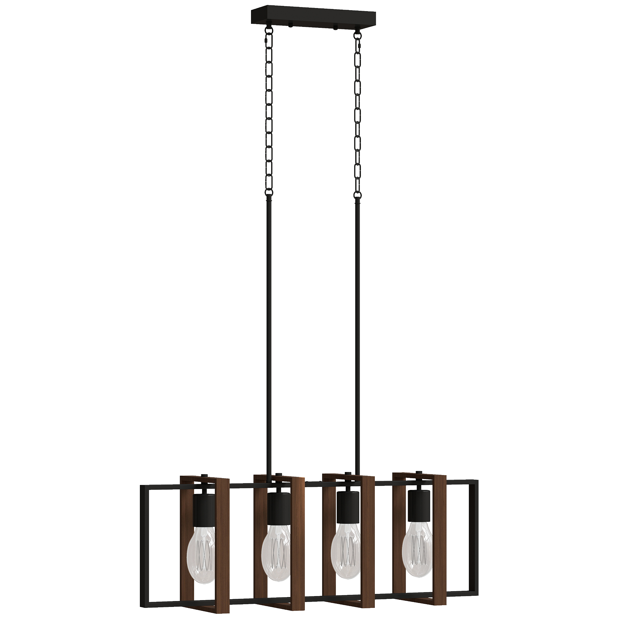 Lampada a sospensione a quattro lampadine con cornici in legno, appesa a catene da una piastra a soffitto nera.
