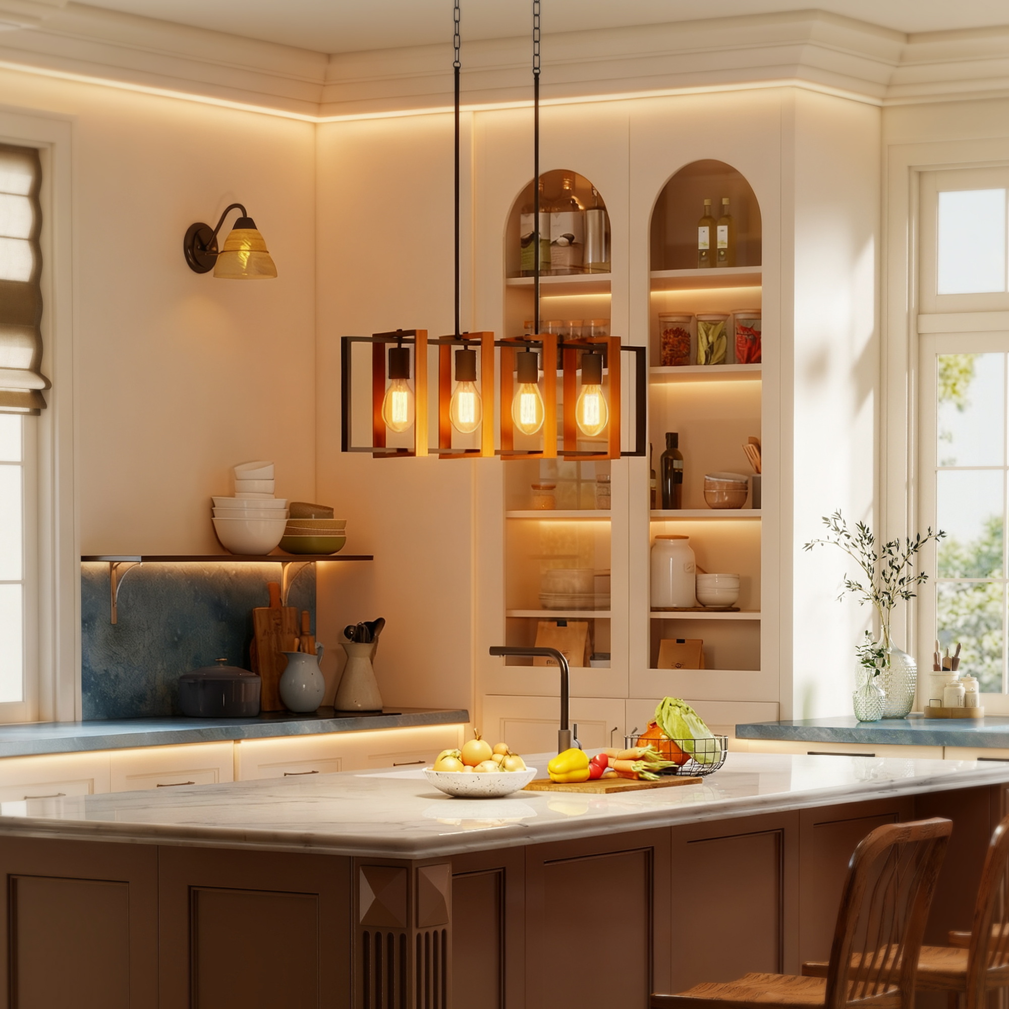 Una cucina moderna con isola, frutta e verdura su un tagliere.