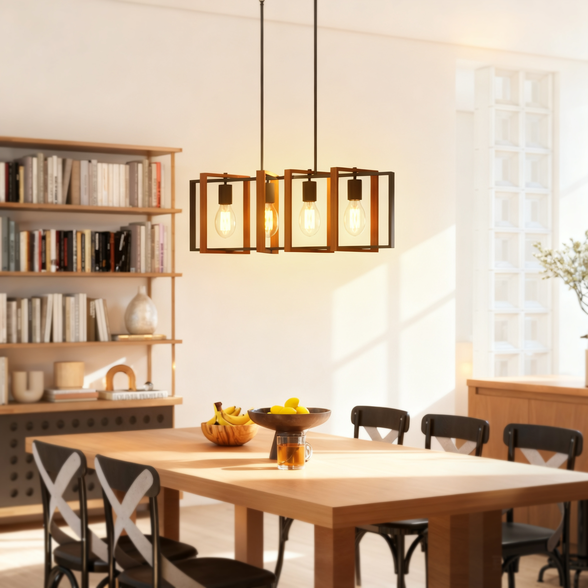 Una sala da pranzo con tavolo in legno, sedie, librerie e lampada a sospensione.