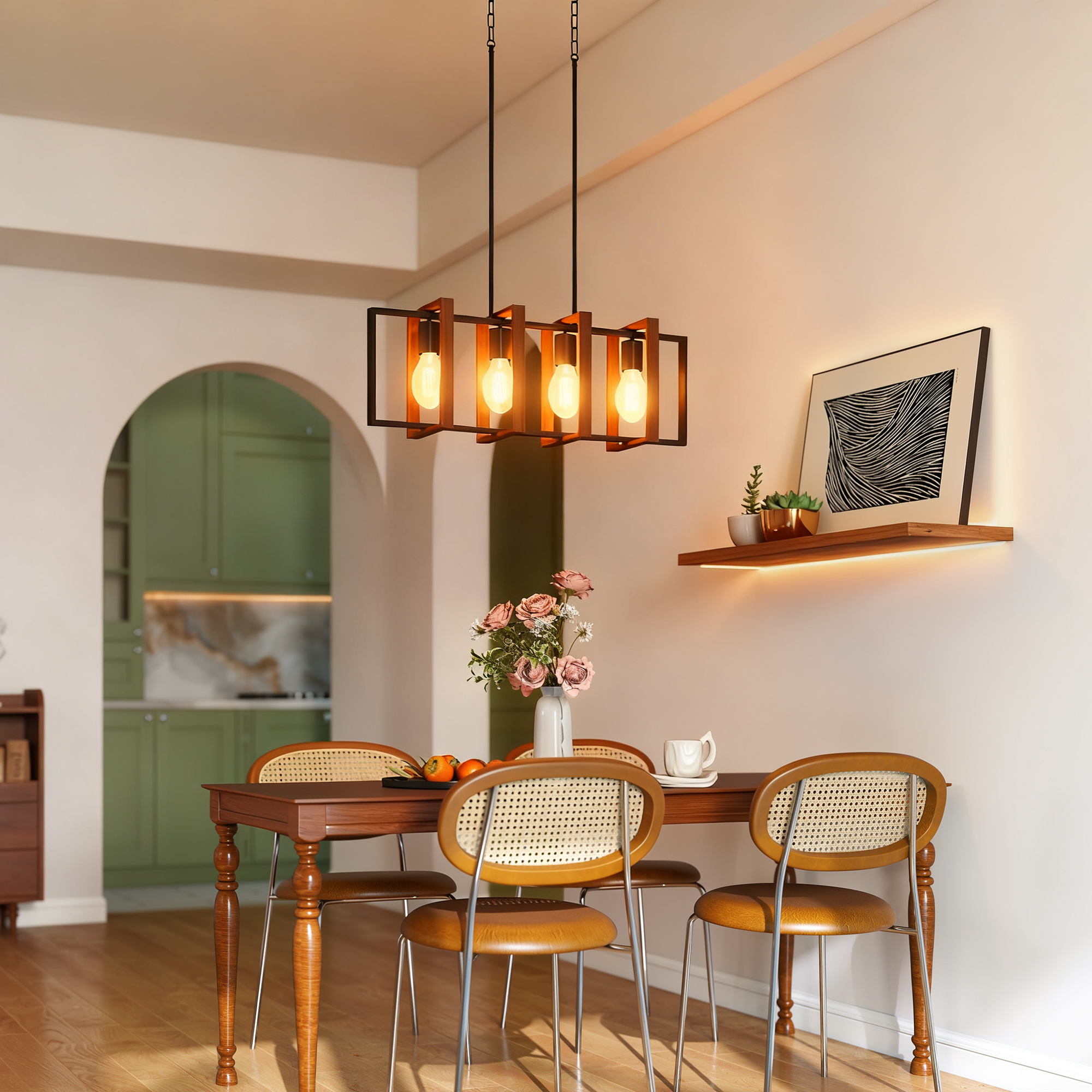 Una sala da pranzo con tavolo in legno, sedie in rattan e lampadario rettangolare.