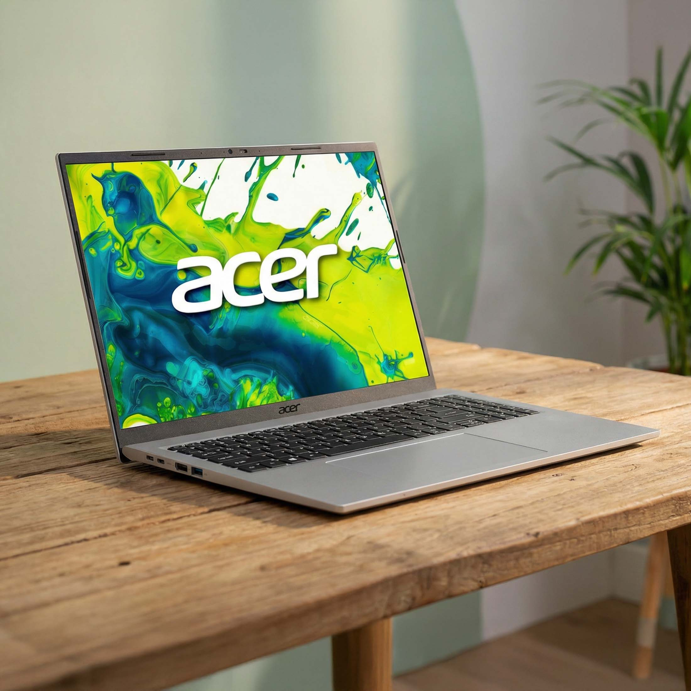 Ein offener silberner Acer Laptop auf einem Holztisch mit einem bunten Hintergrund.