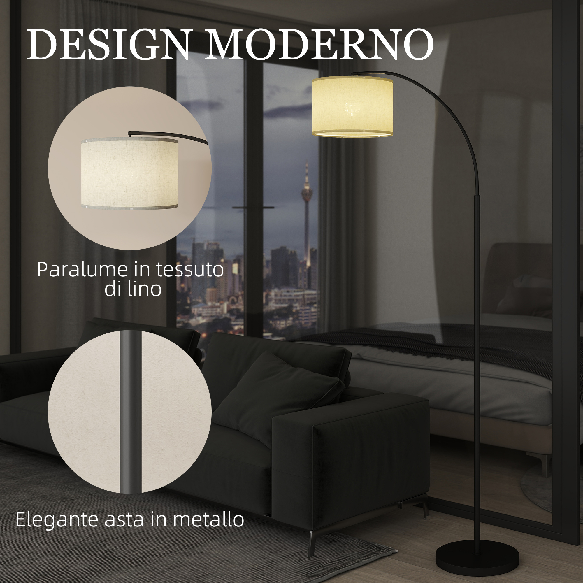 Lampadaire arc moderne avec abat-jour rond en tissu dans un salon élégant la nuit.