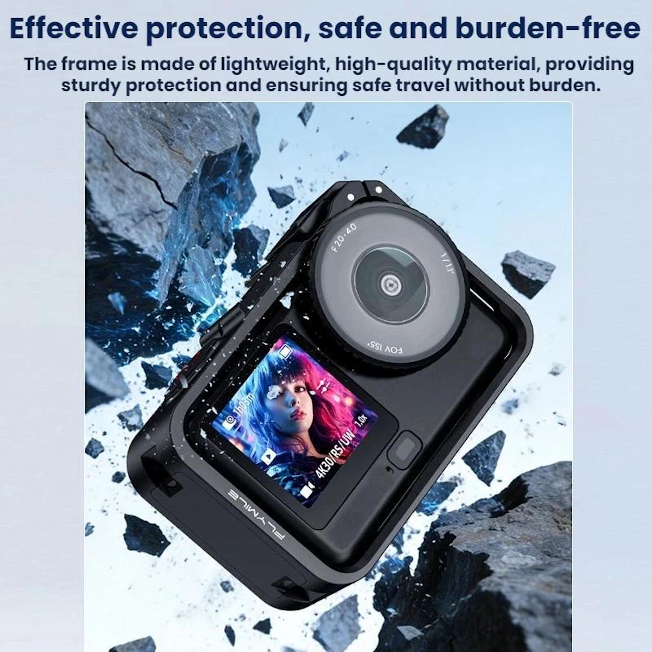 Action-Kamera mit Display, umgeben von Gestein und blauem Nebel.