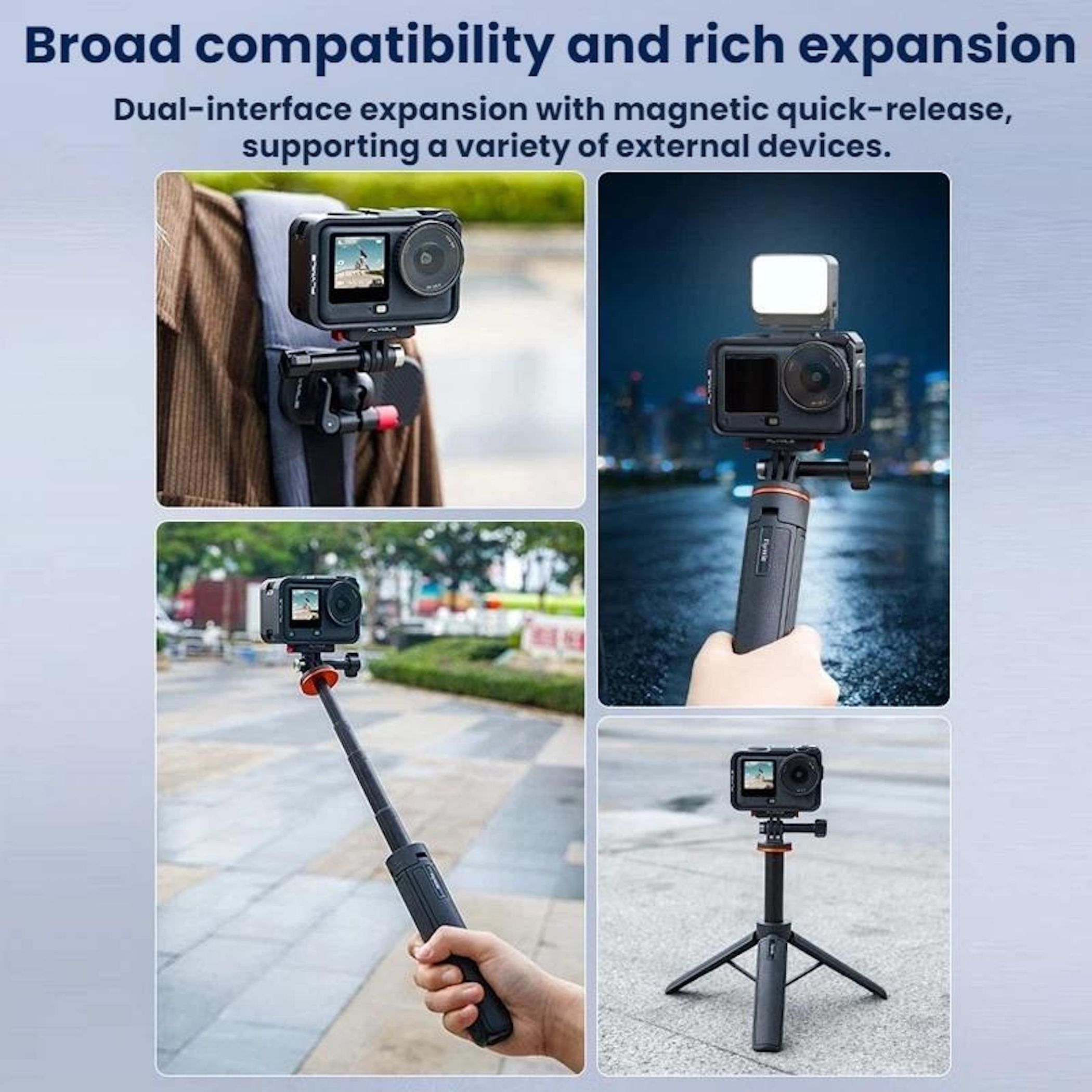 Vier Bilder zeigen Action-Kamera-Setups: montiert, handgehalten, am Selfie-Stick und auf Stativ.