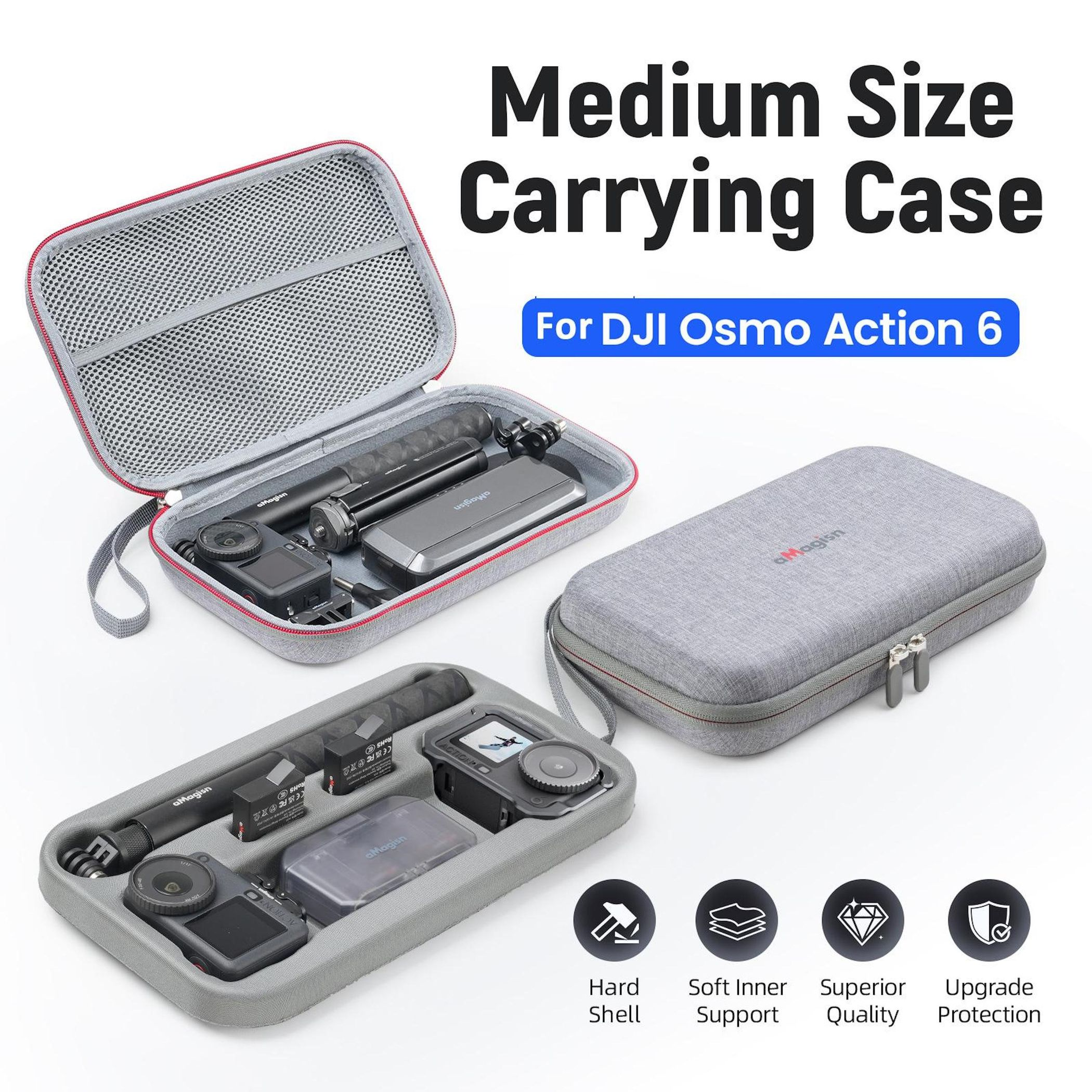 Graue Tragetasche für DJI Osmo Action 6 mit Zubehör, Hard Shell, weiche Unterstützung.