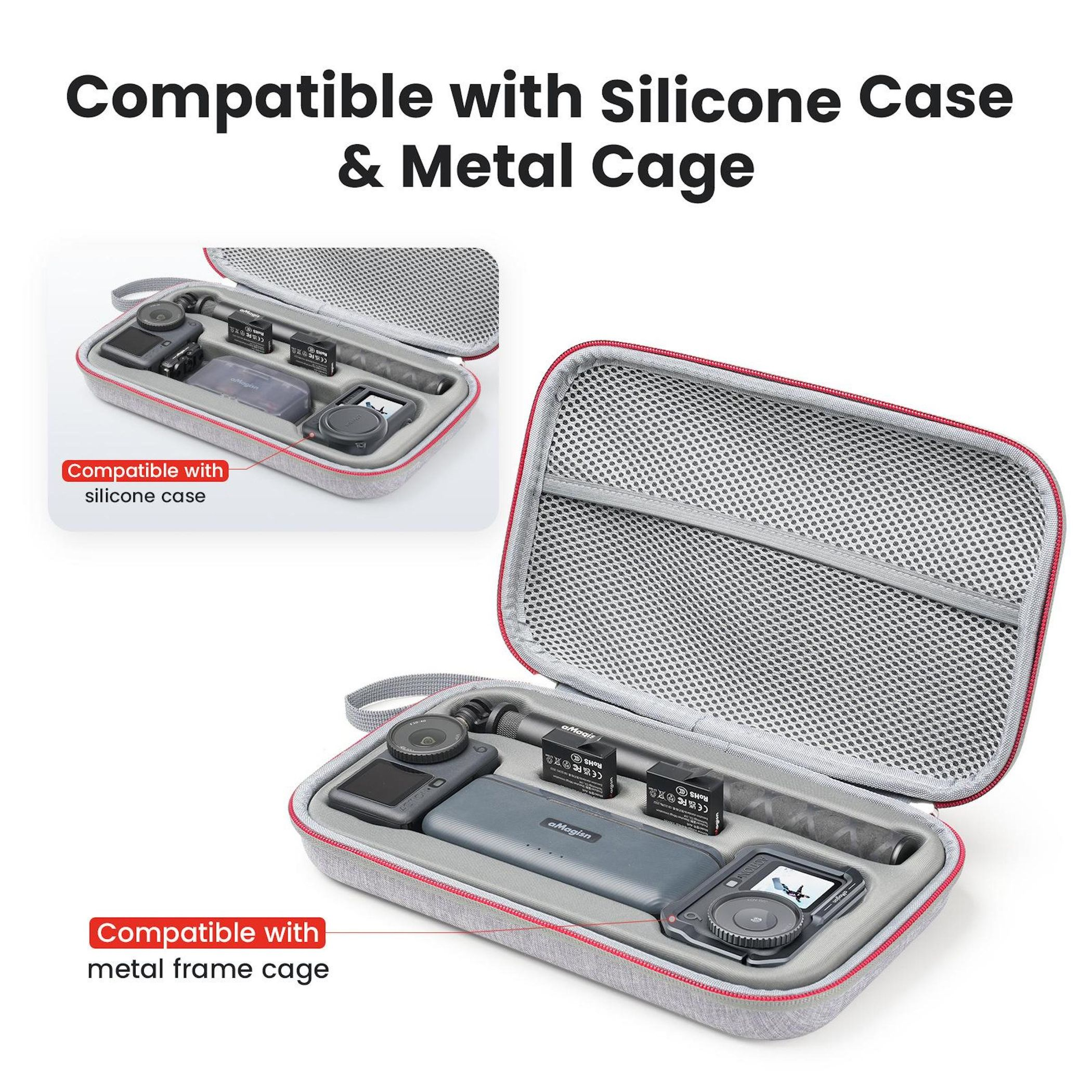 Graue Hülle enthält Kamera, Batterien und Ladegerät. Kompatibel mit Silikon- & Metallkäfigen.