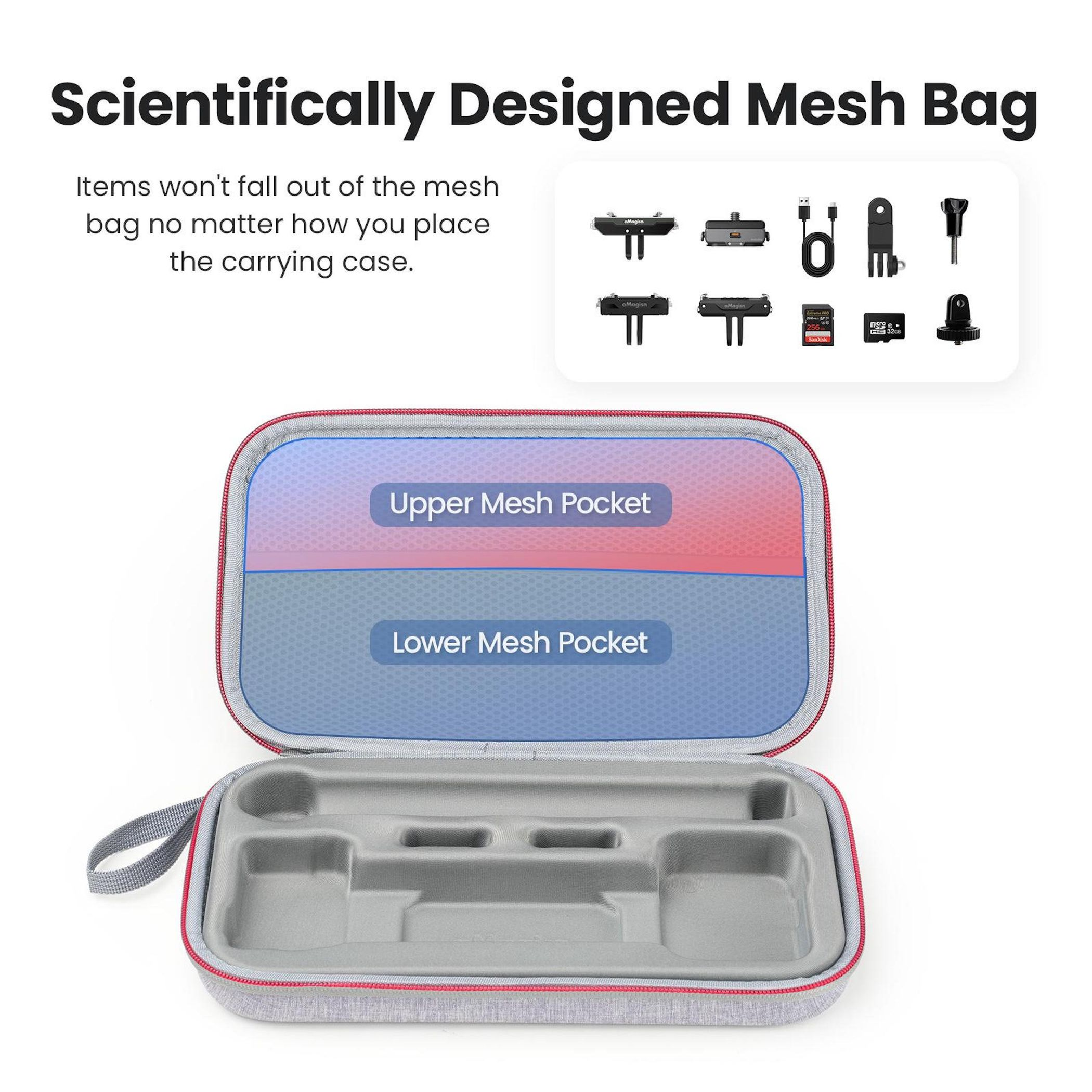 Ein offener Koffer mit zwei Mesh-Taschen und einem gepolsterten Fach.