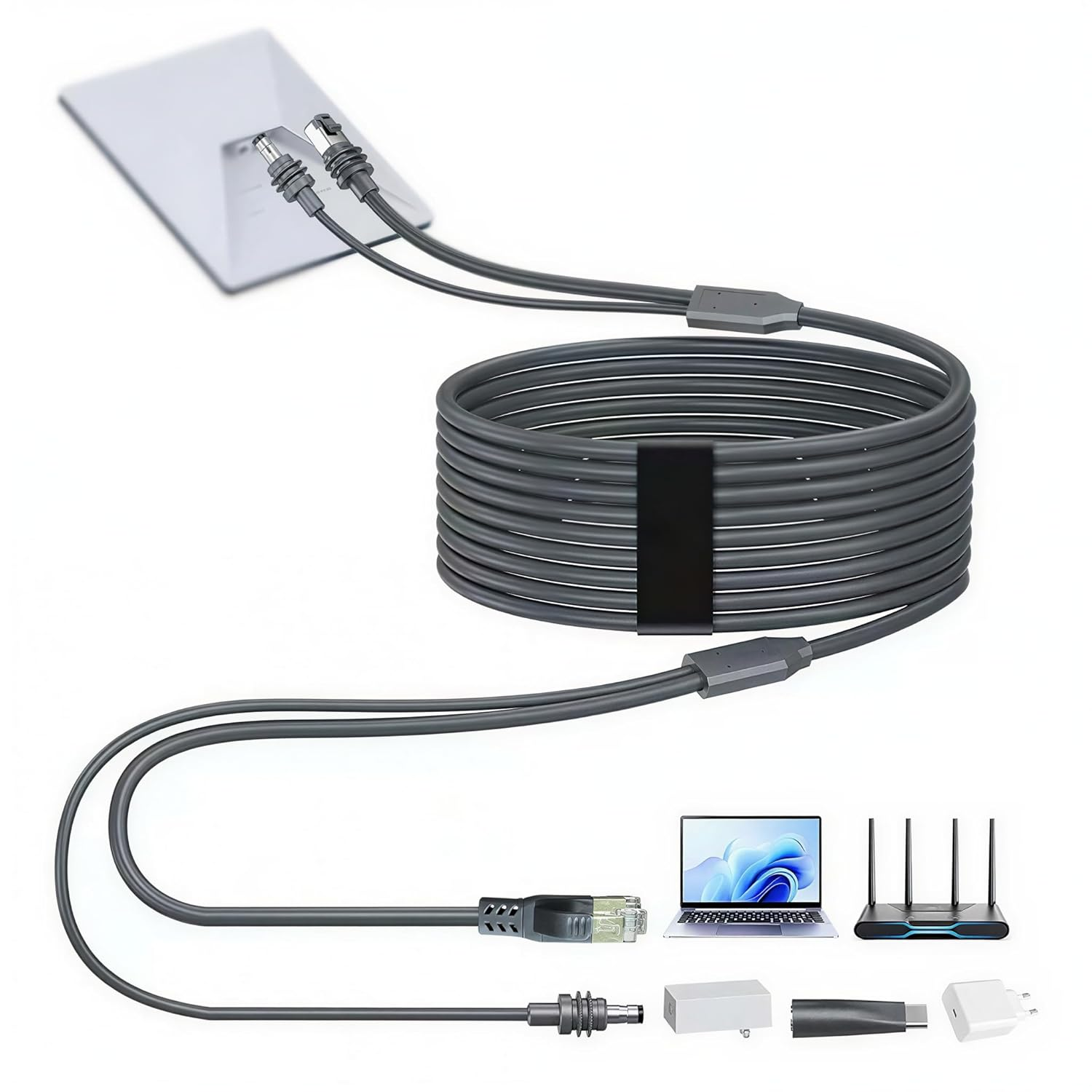Graue Kabel verbinden sich mit einer weißen Basisstation. Kleinere Gegenstände umfassen einen Laptop, Router und Netzteile.