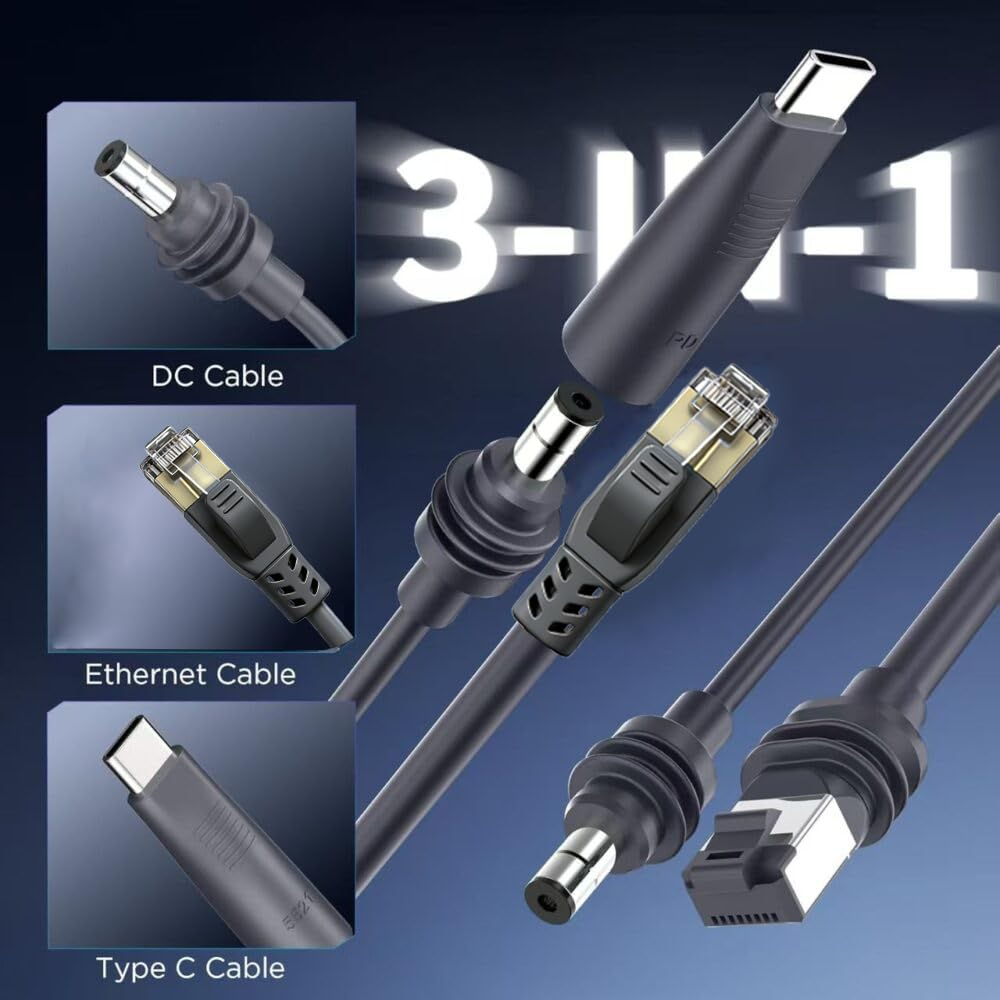 3-in-1 Adapterkabel: DC, Ethernet und Typ C Anschlüsse gezeigt.