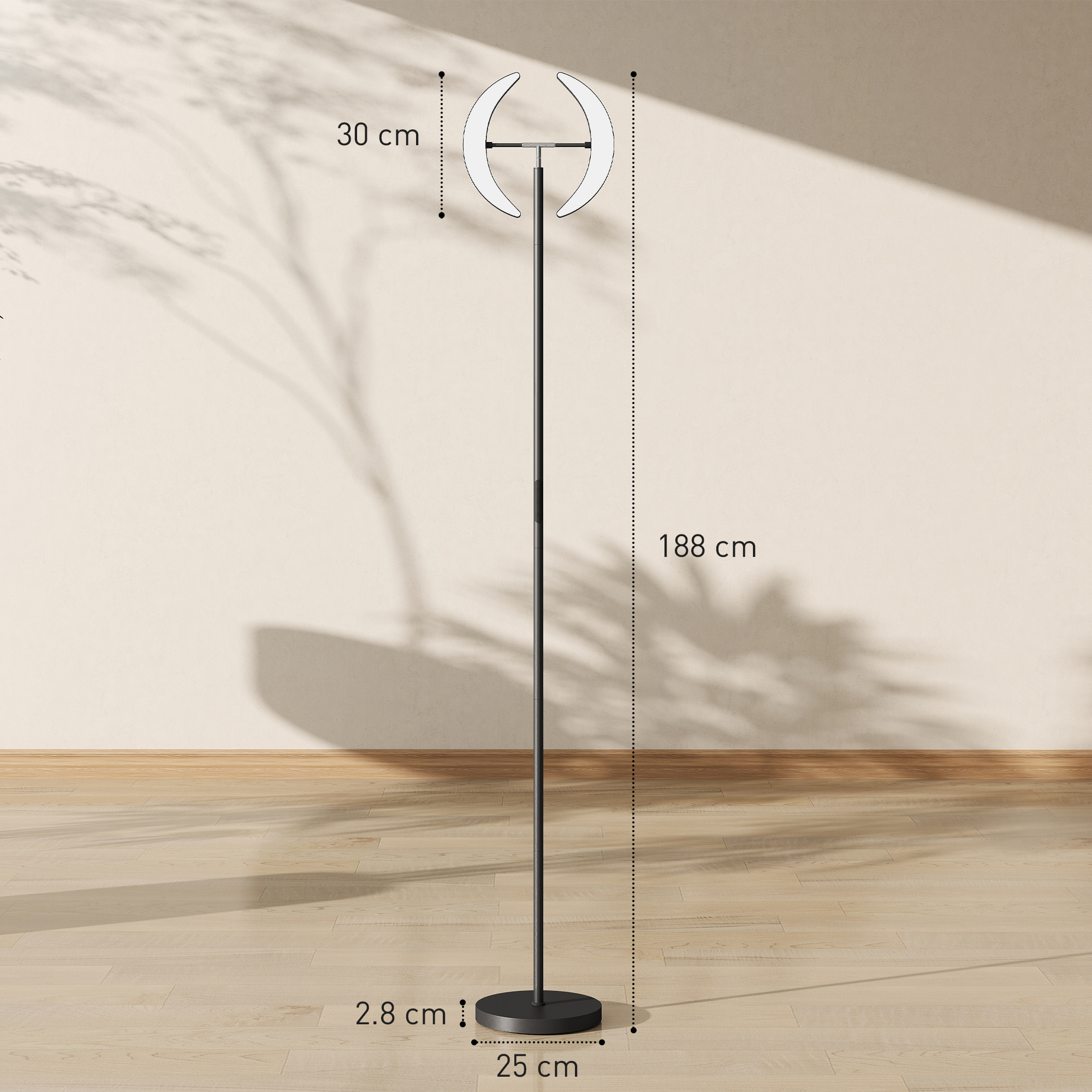 Una lampada da terra nera con luci a forma di mezzaluna, alta 188 cm.