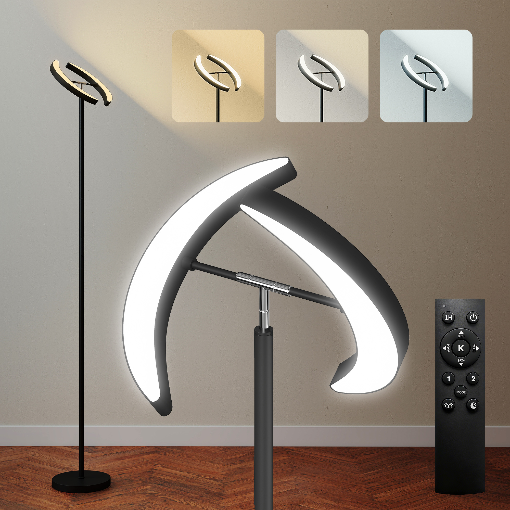 Lampada da terra nera moderna con due luci curve e telecomando.