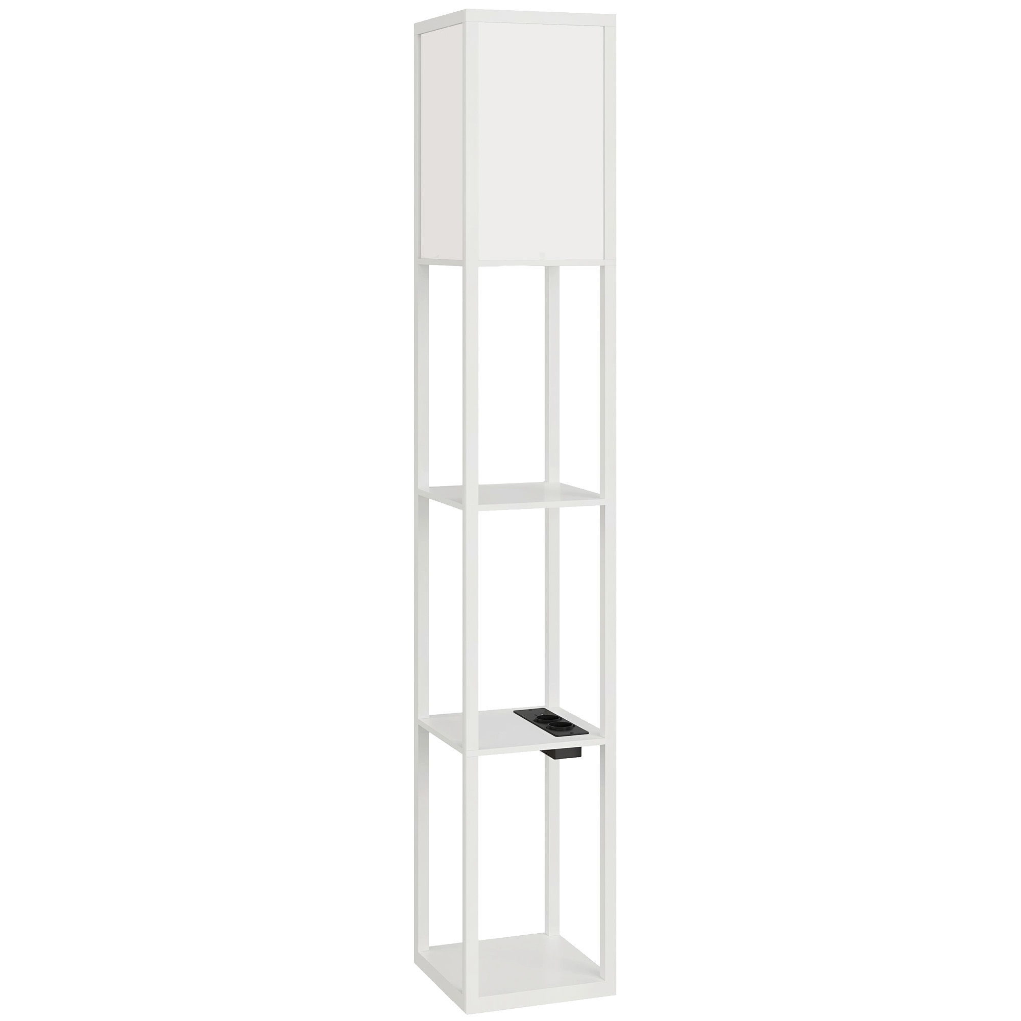 Lampada da terra bianca con scaffali, tre ripiani e paralume in alto.