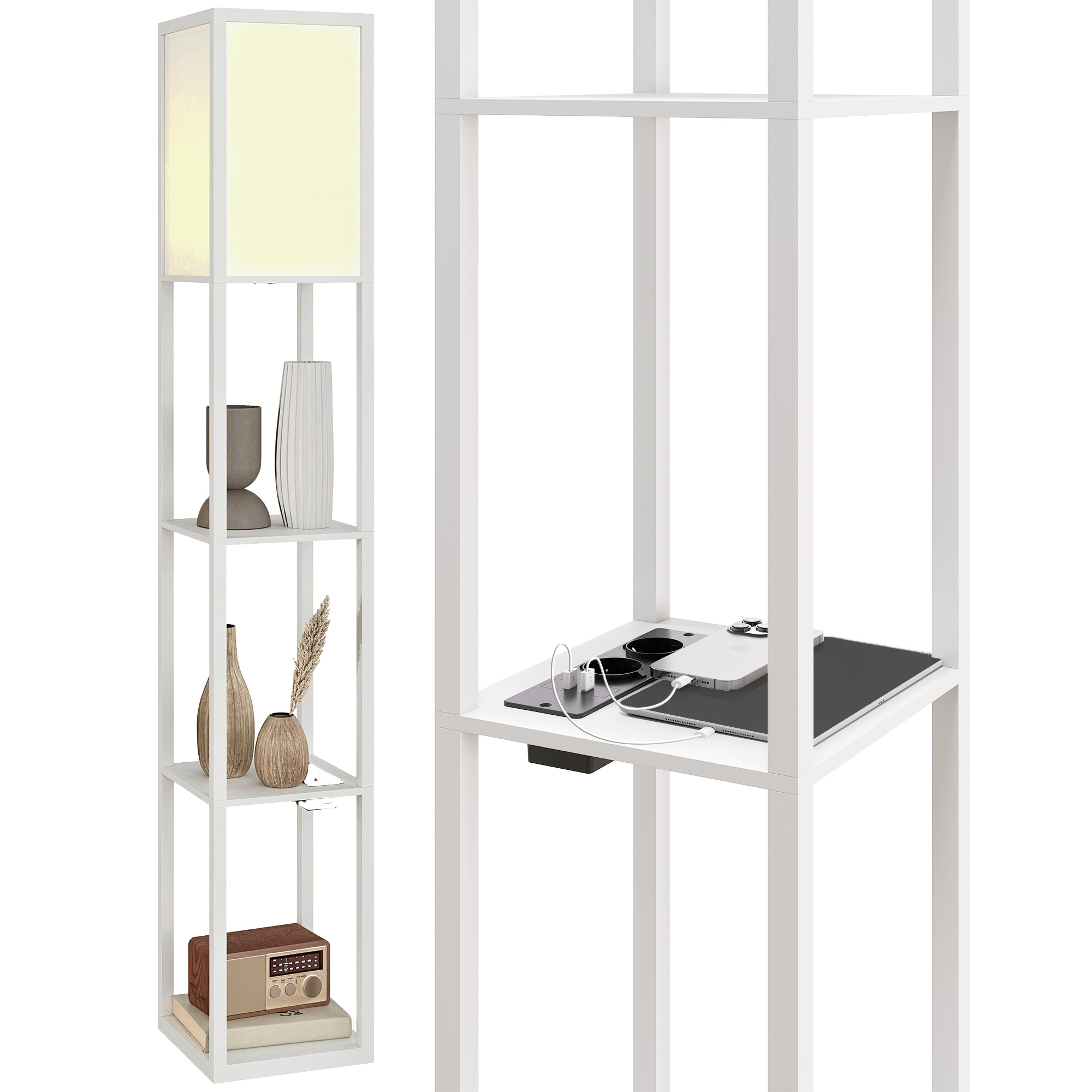 Scaffale bianco con lampada, vasi, radio, libri, telefono e tablet.