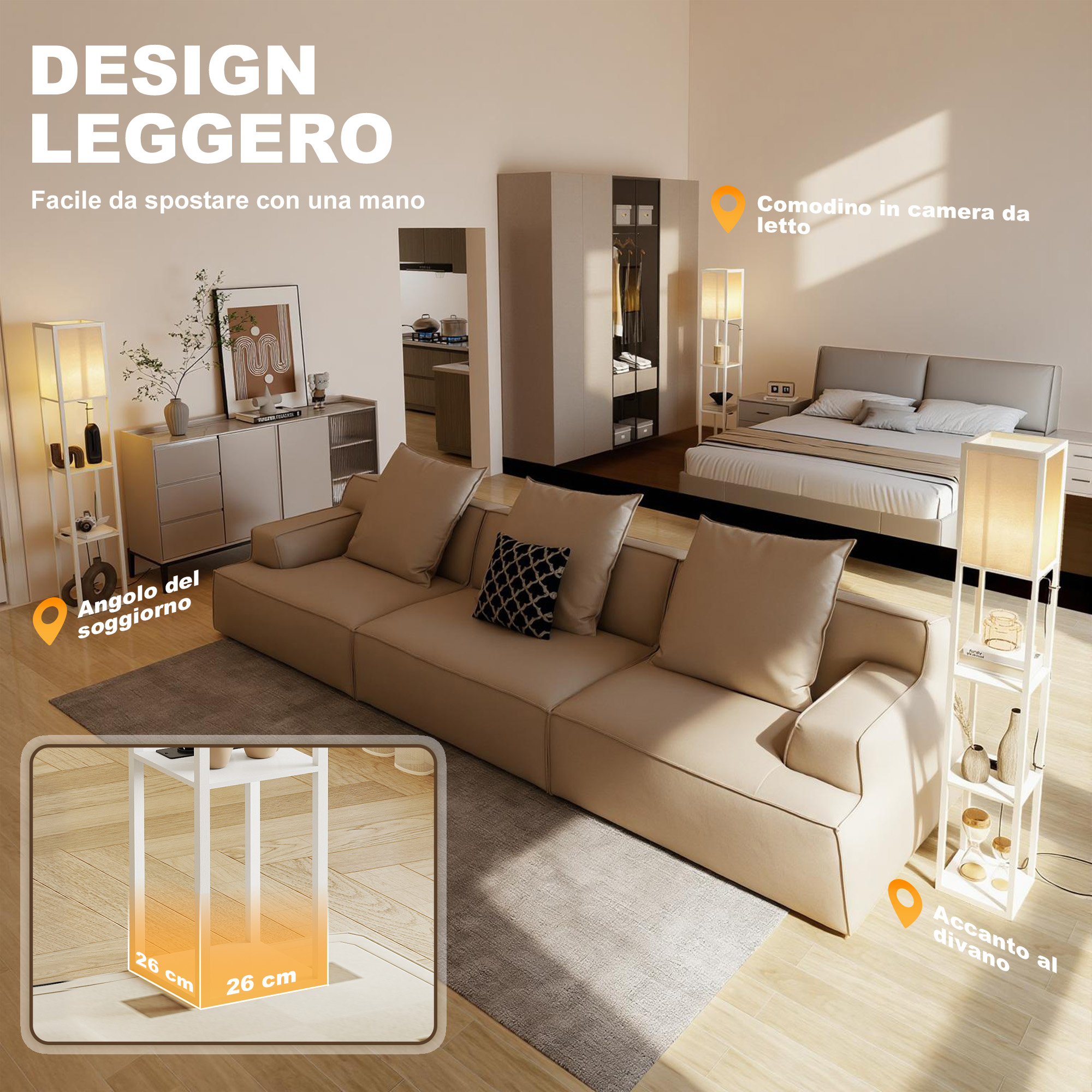 Soggiorno moderno con divano, letto e armadio. Luminoso di giorno.