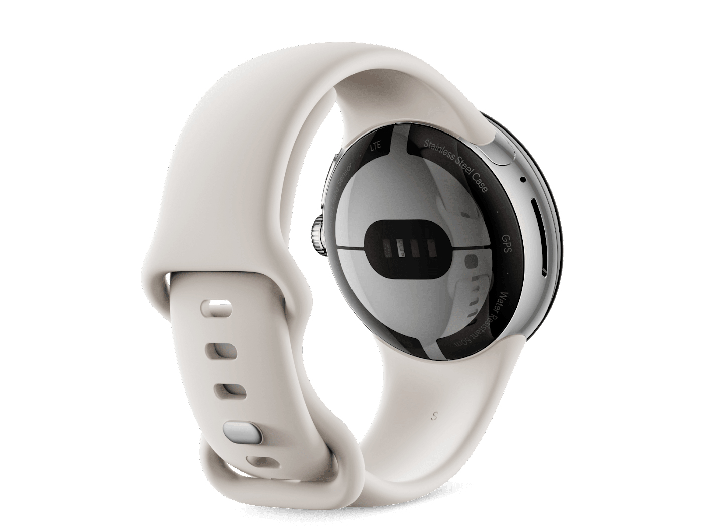 Biały smartwatch ze srebrną kopertą i czarnym paskiem, widziany od tyłu.