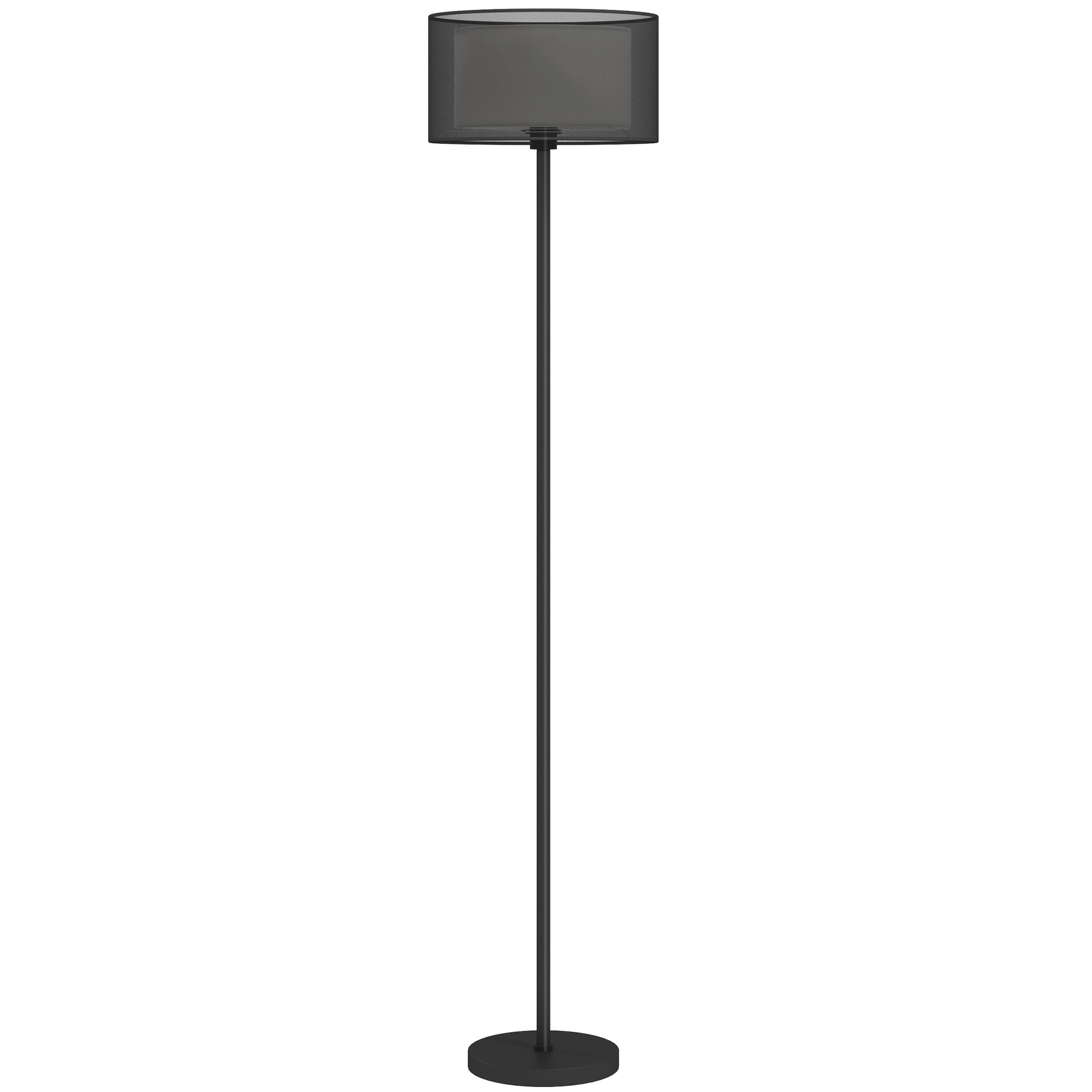 Una lampada da terra nera con paralume cilindrico in tessuto.