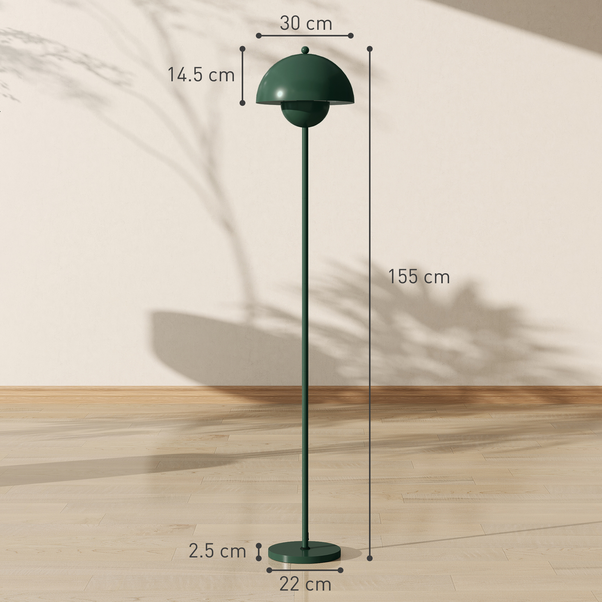 Lampada da terra verde scuro con paralume a cupola su pavimento in legno, misure.