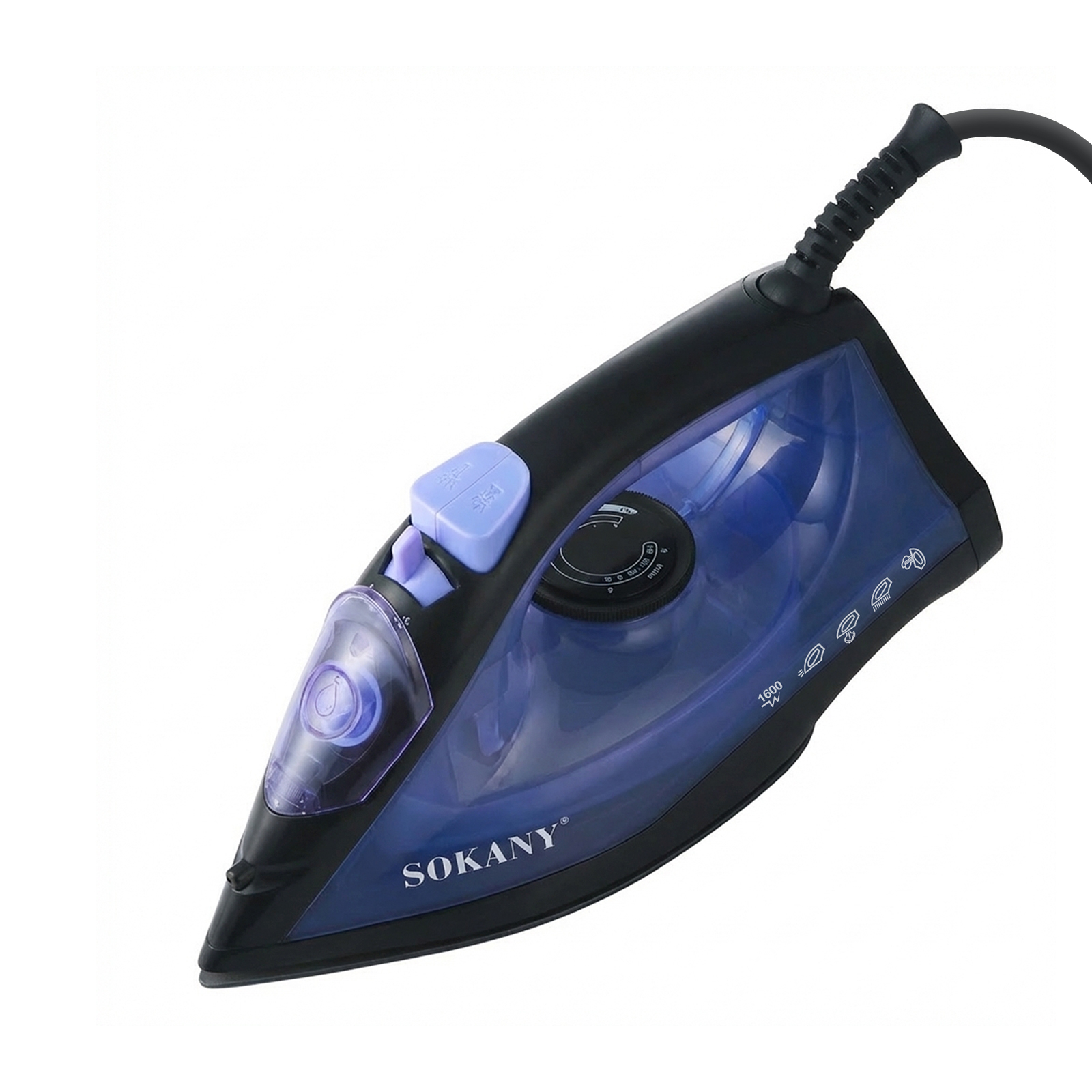 Ein schwarzes und blaues Sokany Bügeleisen mit Kabel, auf weißem Hintergrund.