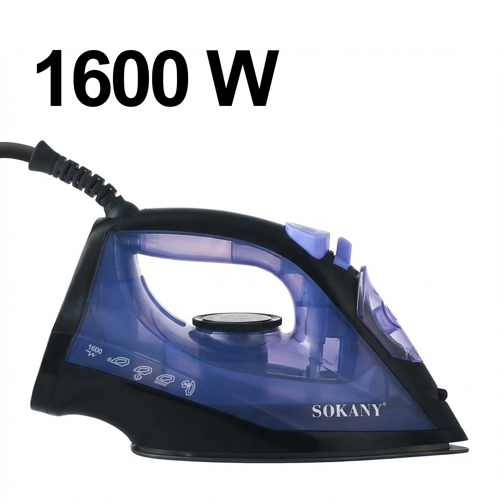 Ein blauer und schwarzer 1600W SOKANY Dampfbügeleisen mit transparentem Wassertank.