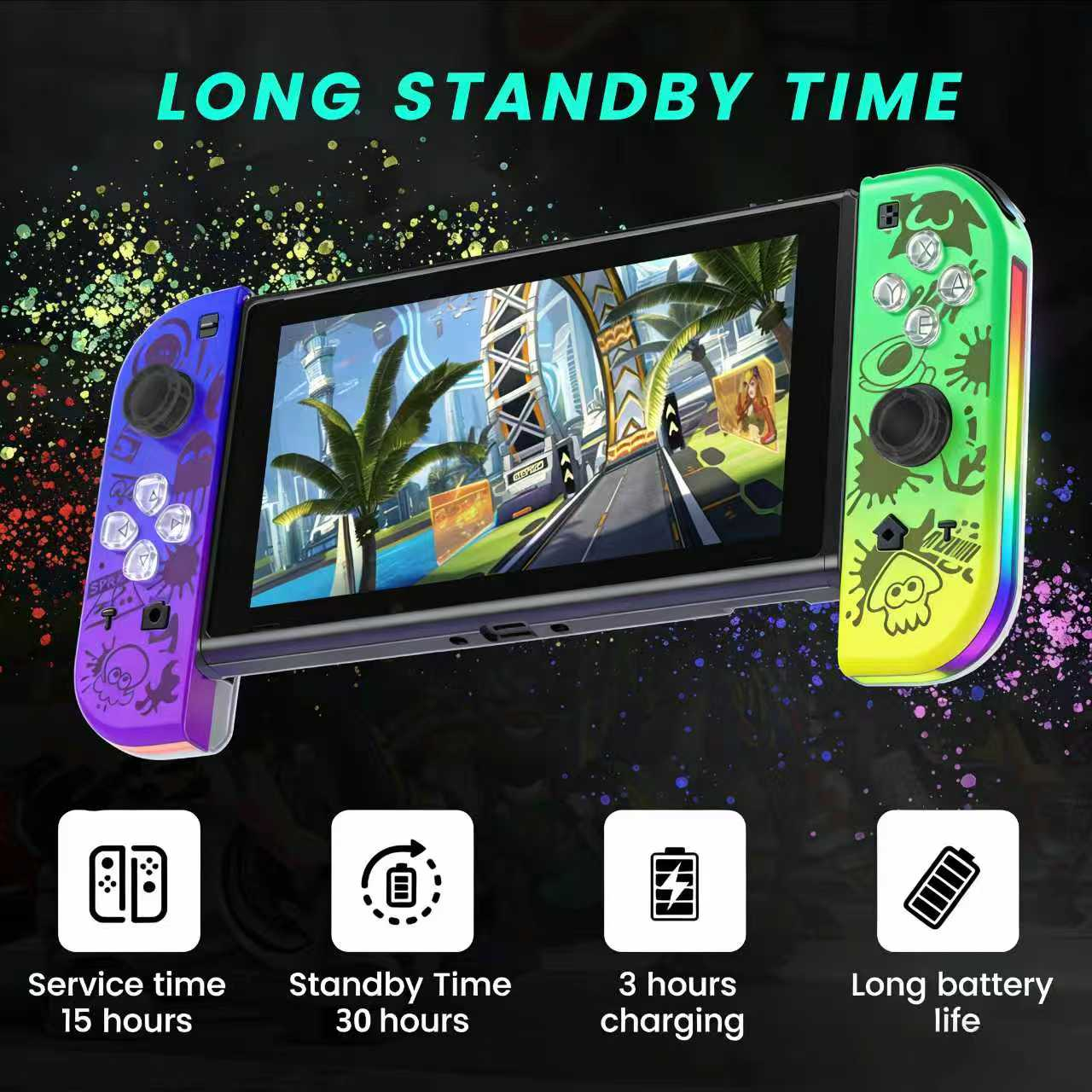 Nintendo Switch mit bunten Joy-Cons, Spielbildschirm und Akku-Infos.