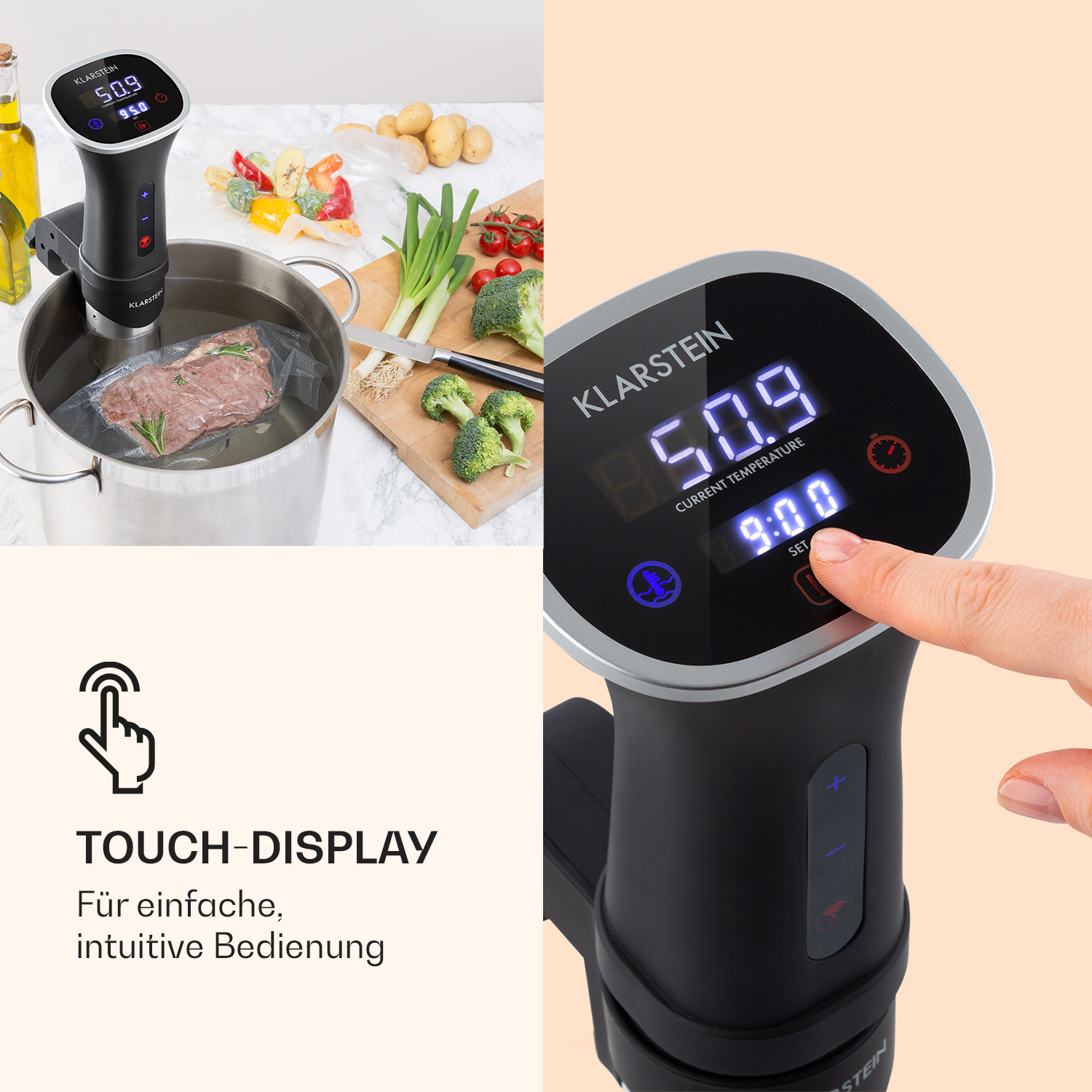 Ein Sous-vide-Garer in einem Topf mit Wasser und Vakuumbeutel-Fleisch.