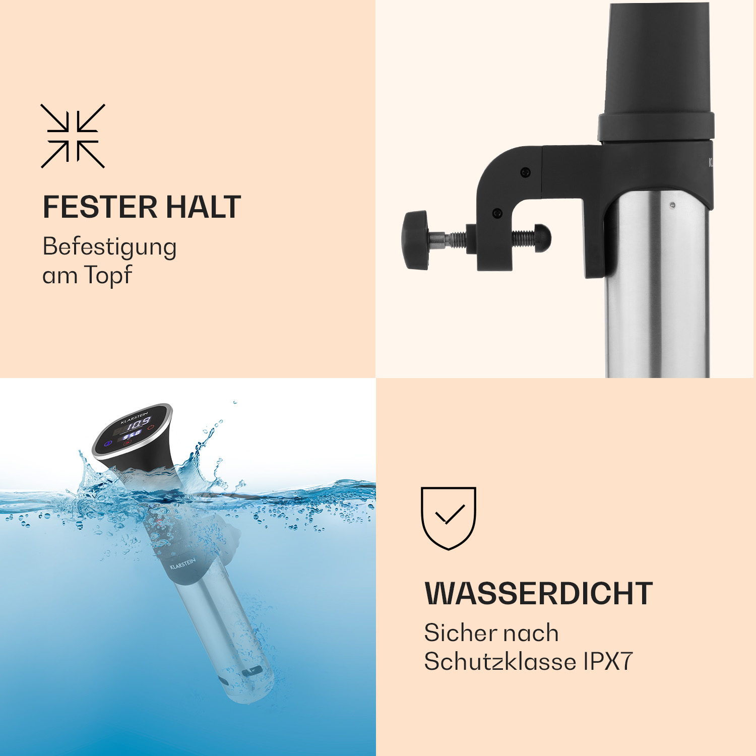 Klarstein Gerät mit digitaler Anzeige in Wasser, befestigt mit Klemme.