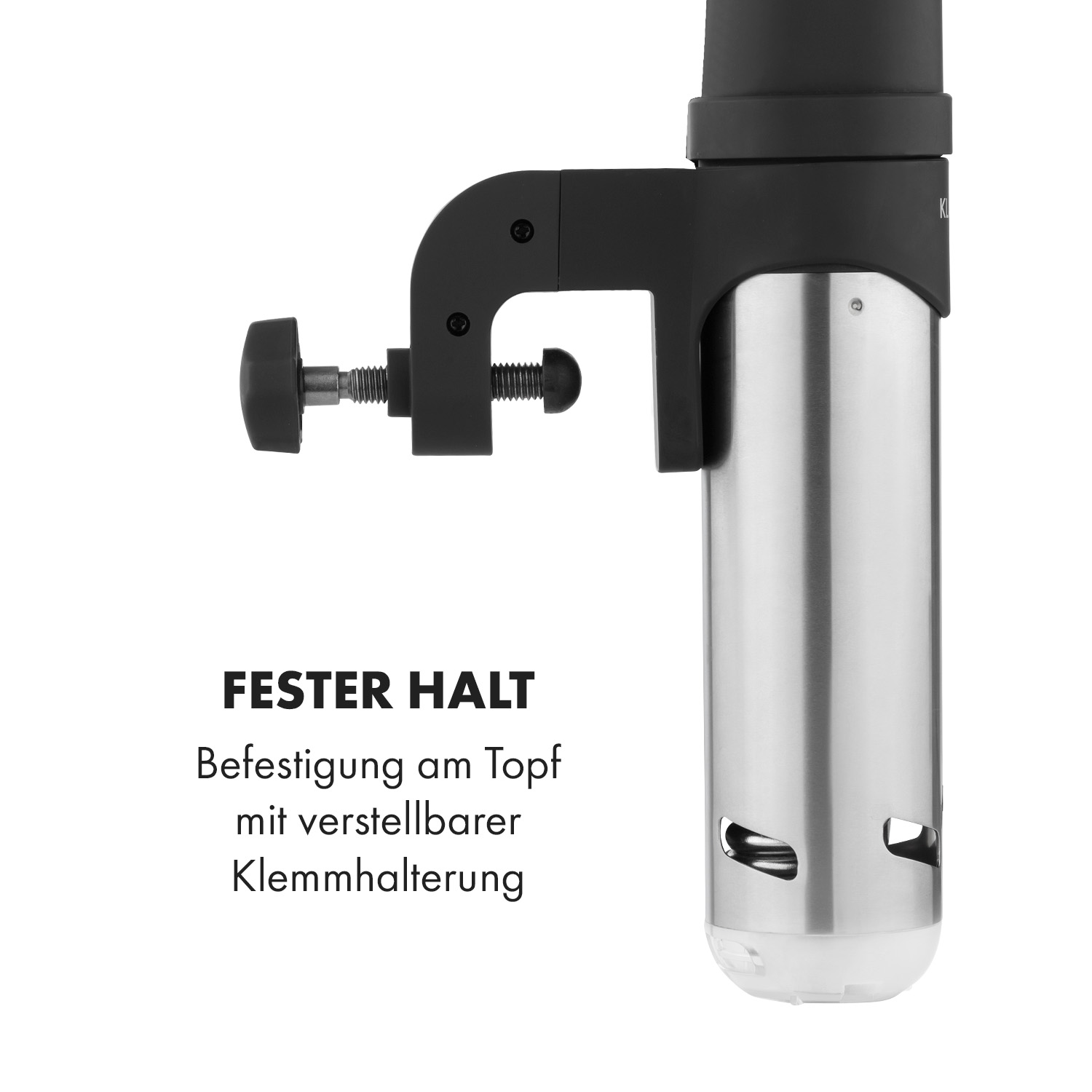 Ein schwarzer Klemmhalter befestigt einen silbernen Stab an einem Topf.