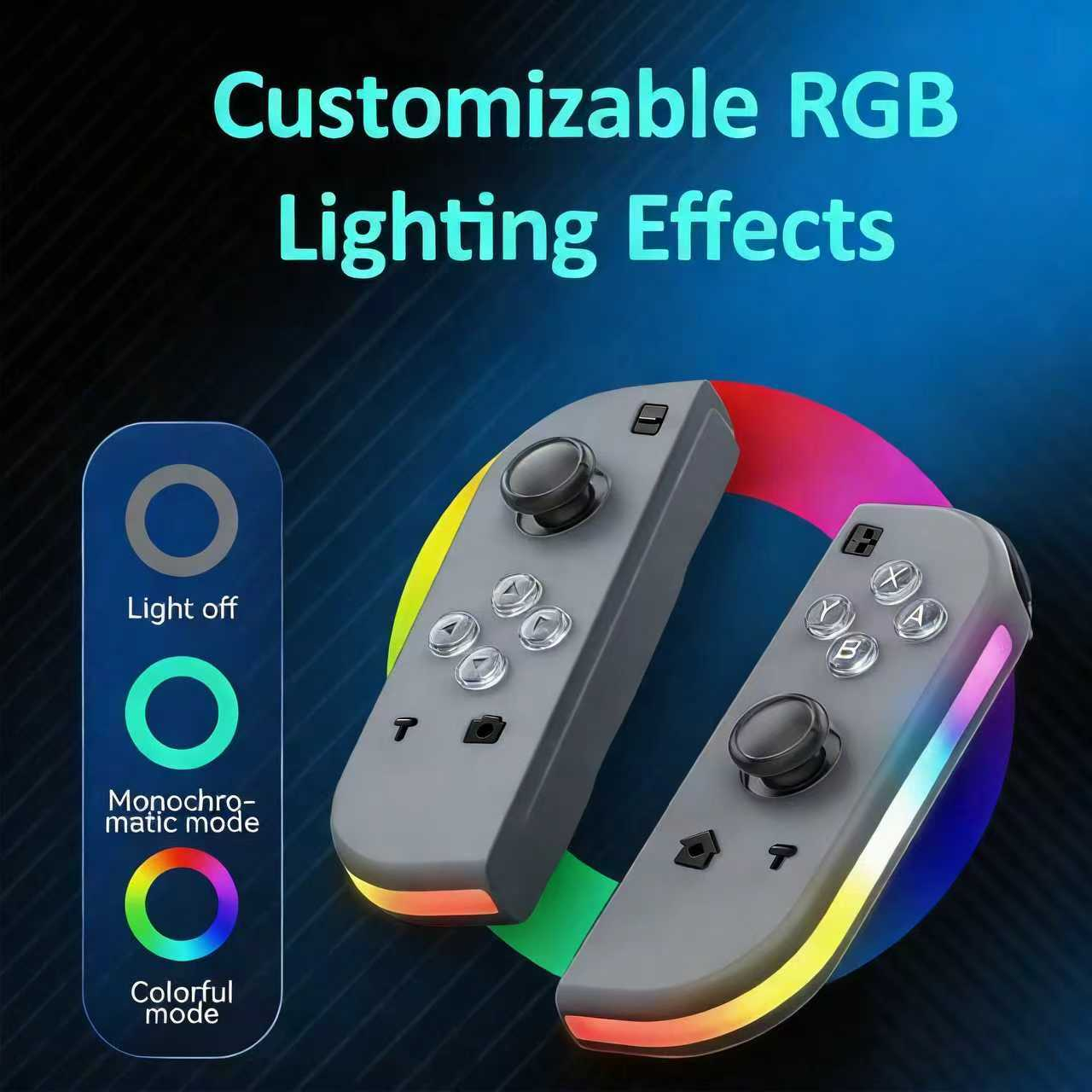 Graue Controller mit RGB-Beleuchtung und Auswahlmodi daneben.