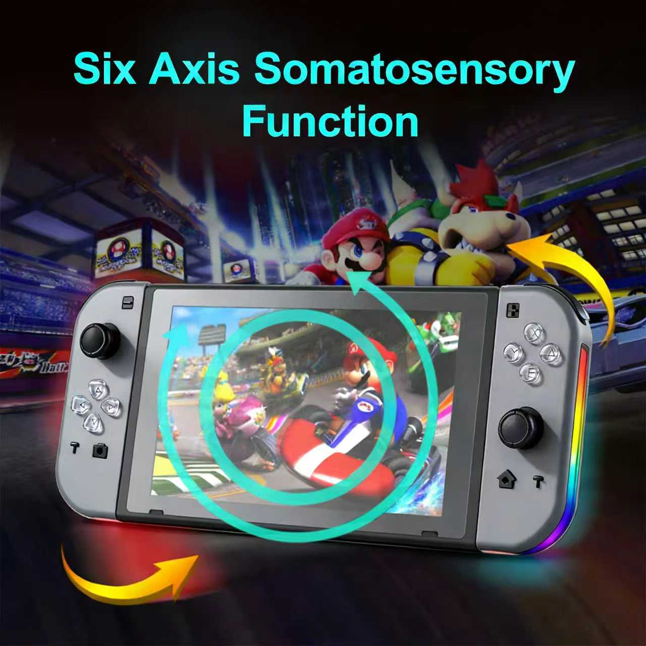 Ein Nintendo Switch mit Mario Kart auf dem Bildschirm, mit Pfeilen, die die Funktion anzeigen.