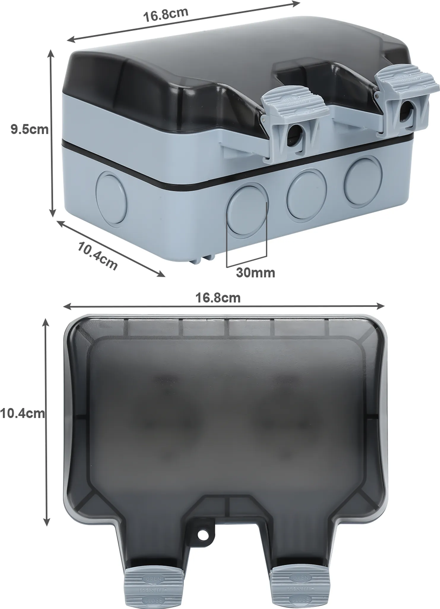 Graue wetterfeste Steckdosenbox mit transparentem Deckel und zwei Steckdosen.