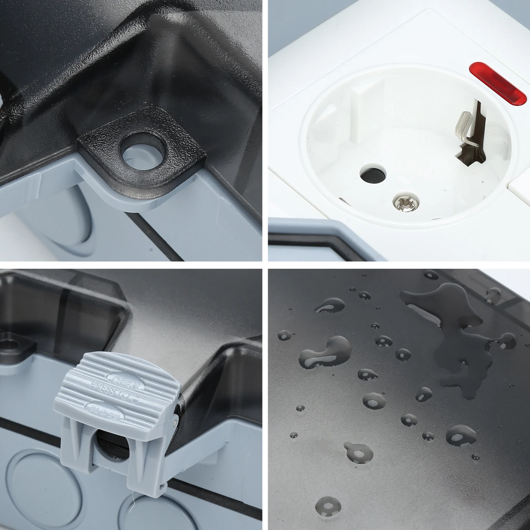 Detailansichten einer grauen und weißen Steckdose mit roten Indikator und Wassertropfen.