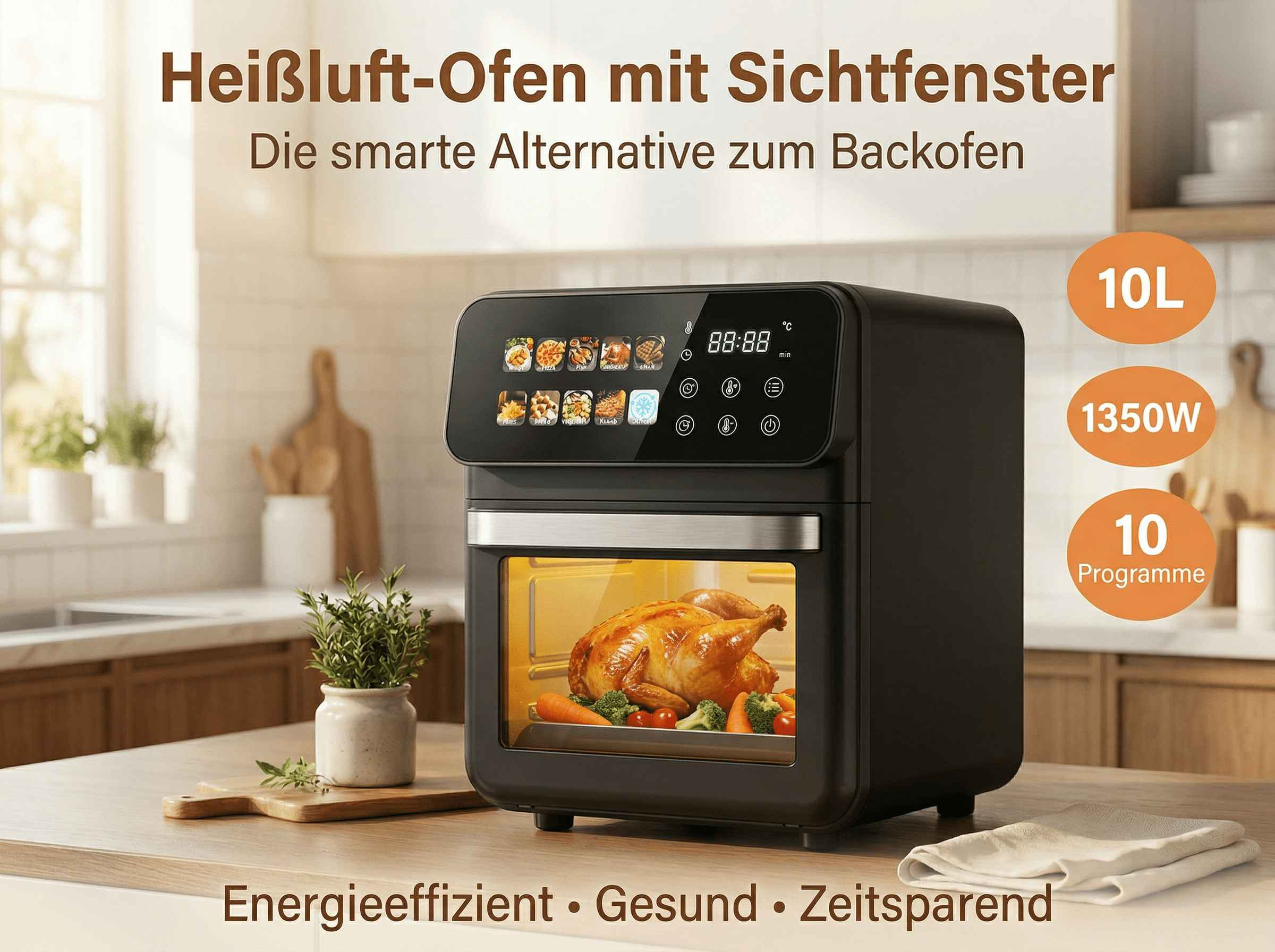 Ein schwarzer Heißluftofen mit einem Brathähnchen darin. Er hat ein Sichtfenster und ein digitales Display.