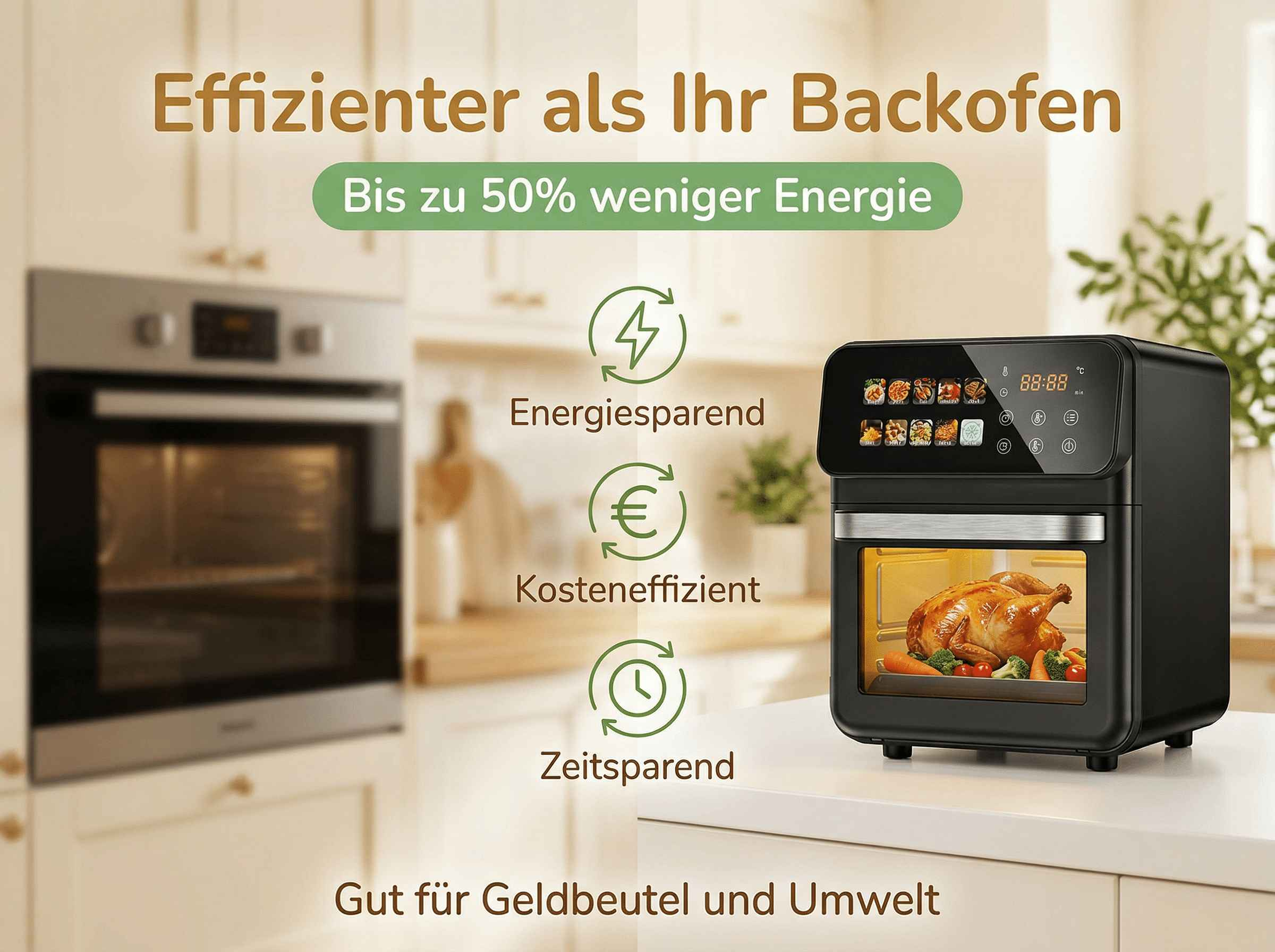 Ein schwarzer Heißluftofen mit gebratenem Huhn und Gemüse.