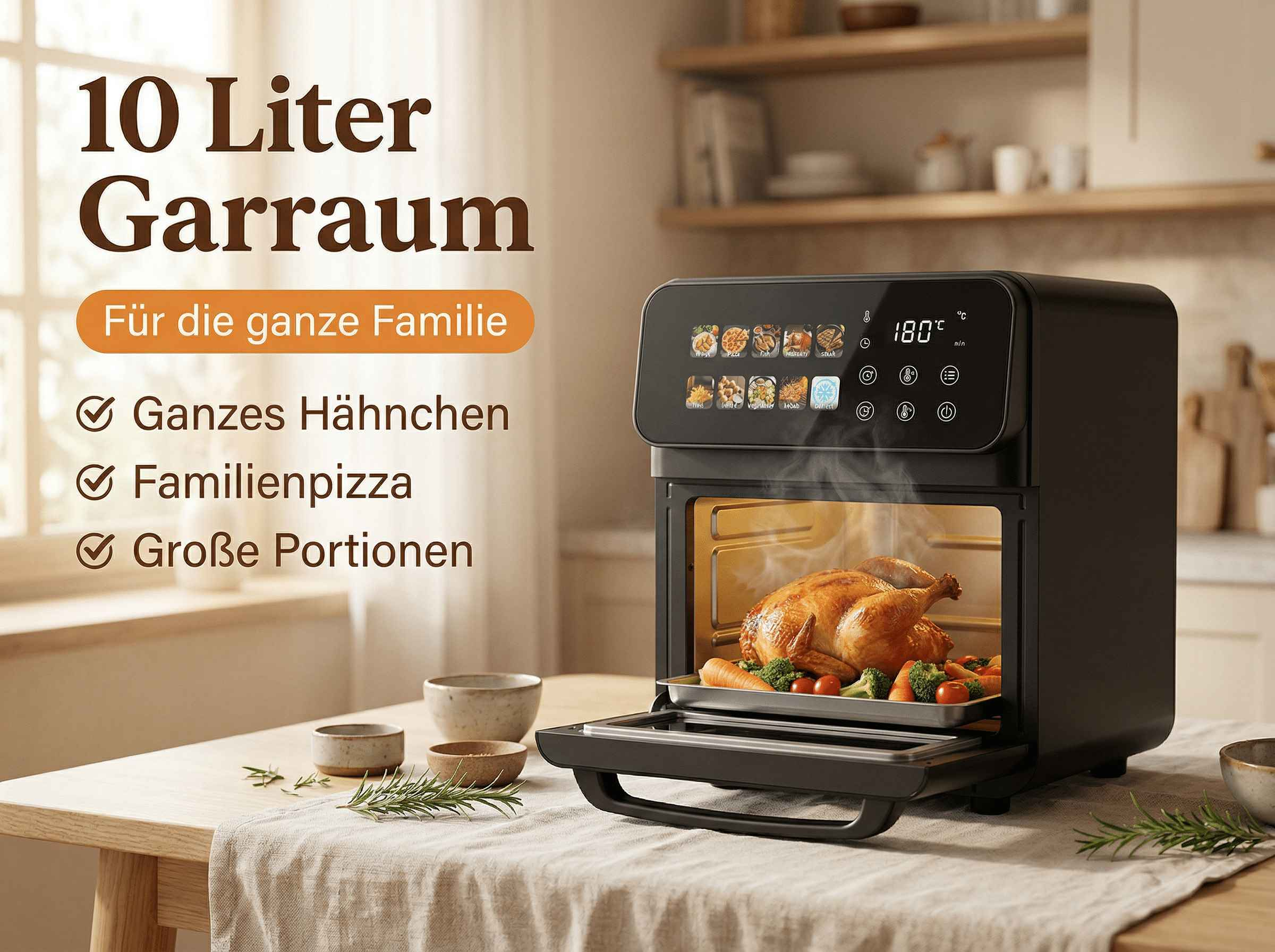 Ein schwarzer Ofen mit einem Brathähnchen und Gemüse darin. 10 Liter Garraum.