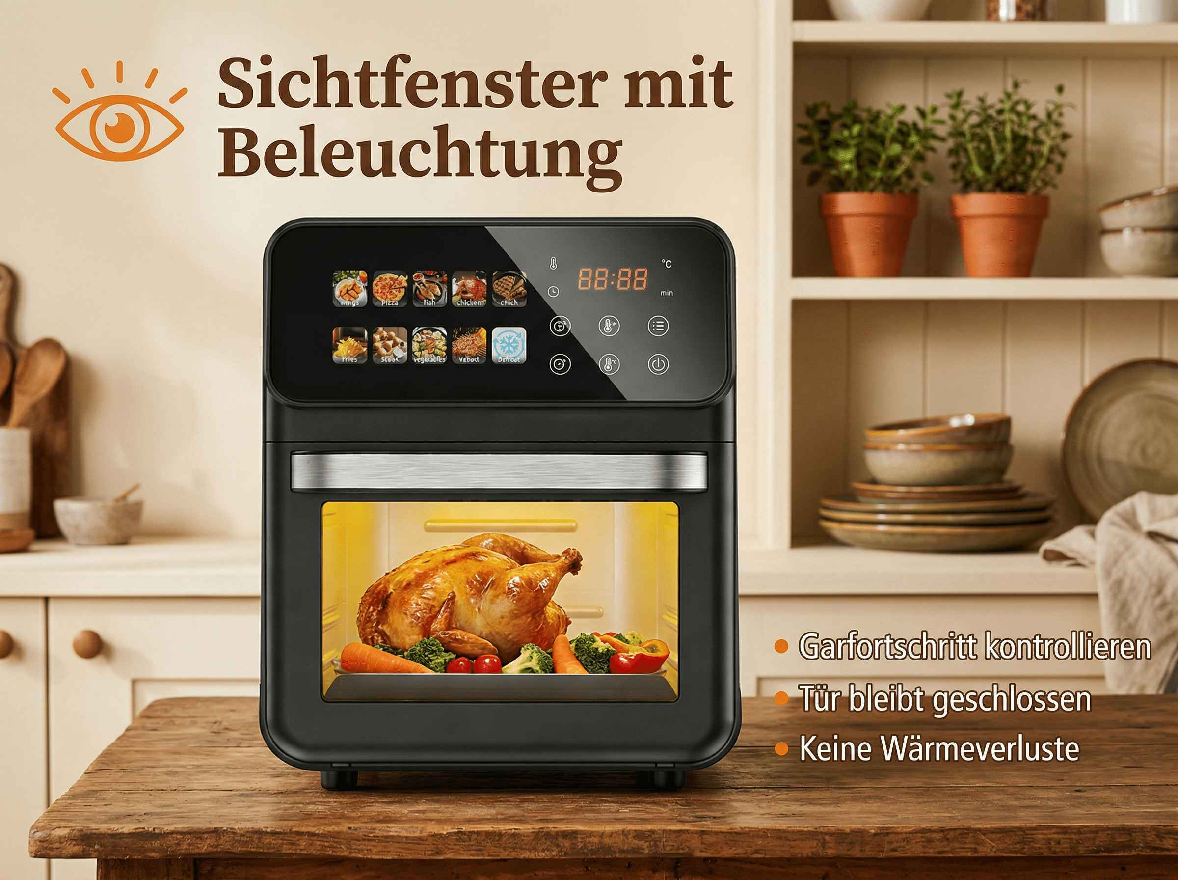 Ein Backofen mit gebratenem Huhn und Gemüse. Sichtfenster mit Beleuchtung.