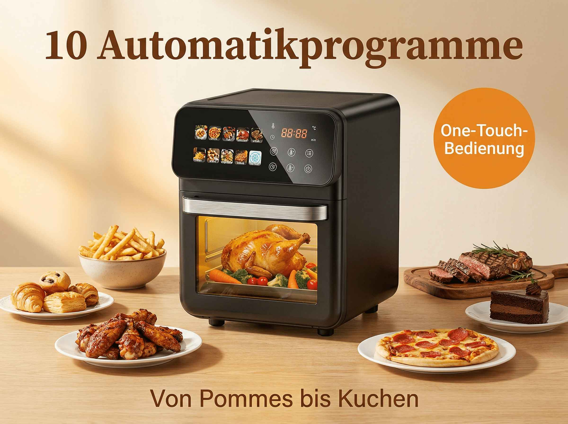 Ein schwarzer Heißluftfritteusen-Ofen mit einem Brathähnchen und Gemüse darin.