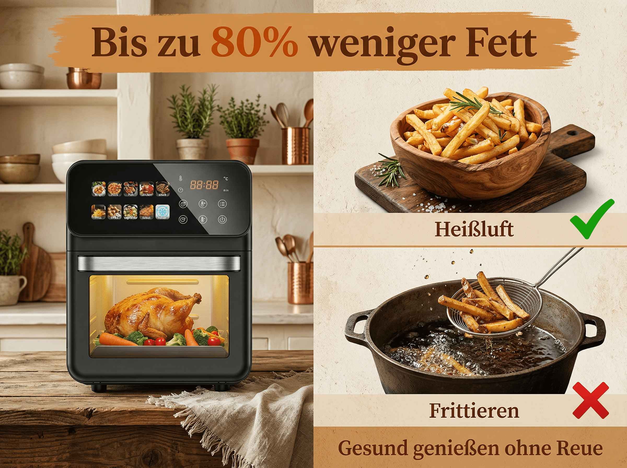 Ein schwarzer Heißluftfritteuse mit Brathähnchen, Pommes und Text 