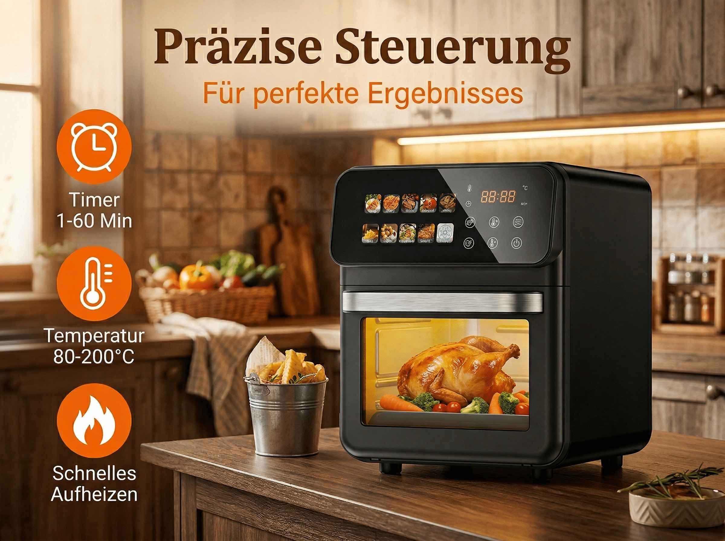 Ein schwarzer Heißluftfritteusen-Ofen mit einem Brathähnchen und Gemüse darin.
