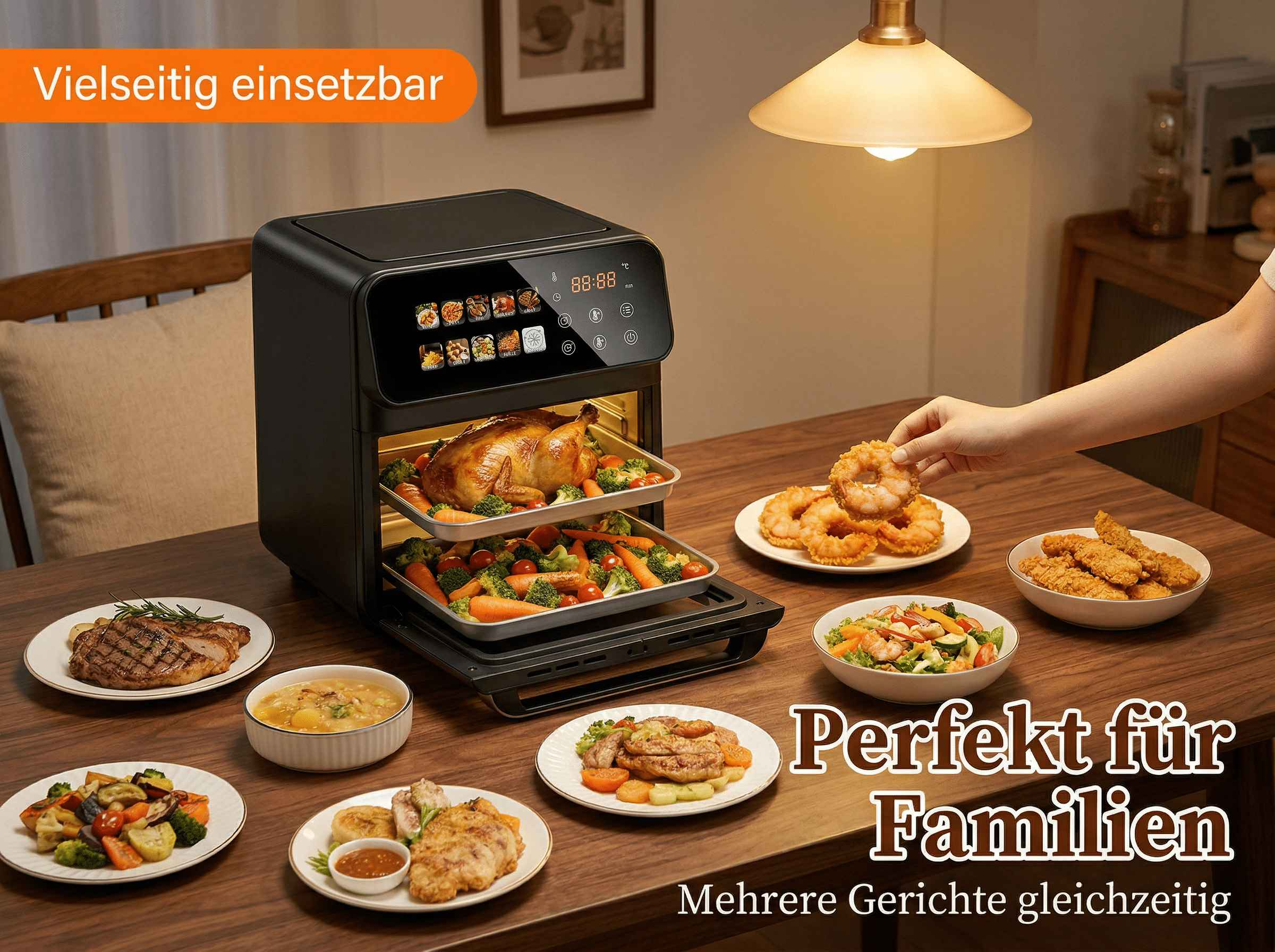 Ein schwarzer Heißluftfritteusen-Ofen mit Brathähnchen, Gemüse, Fleisch und Garnelen.