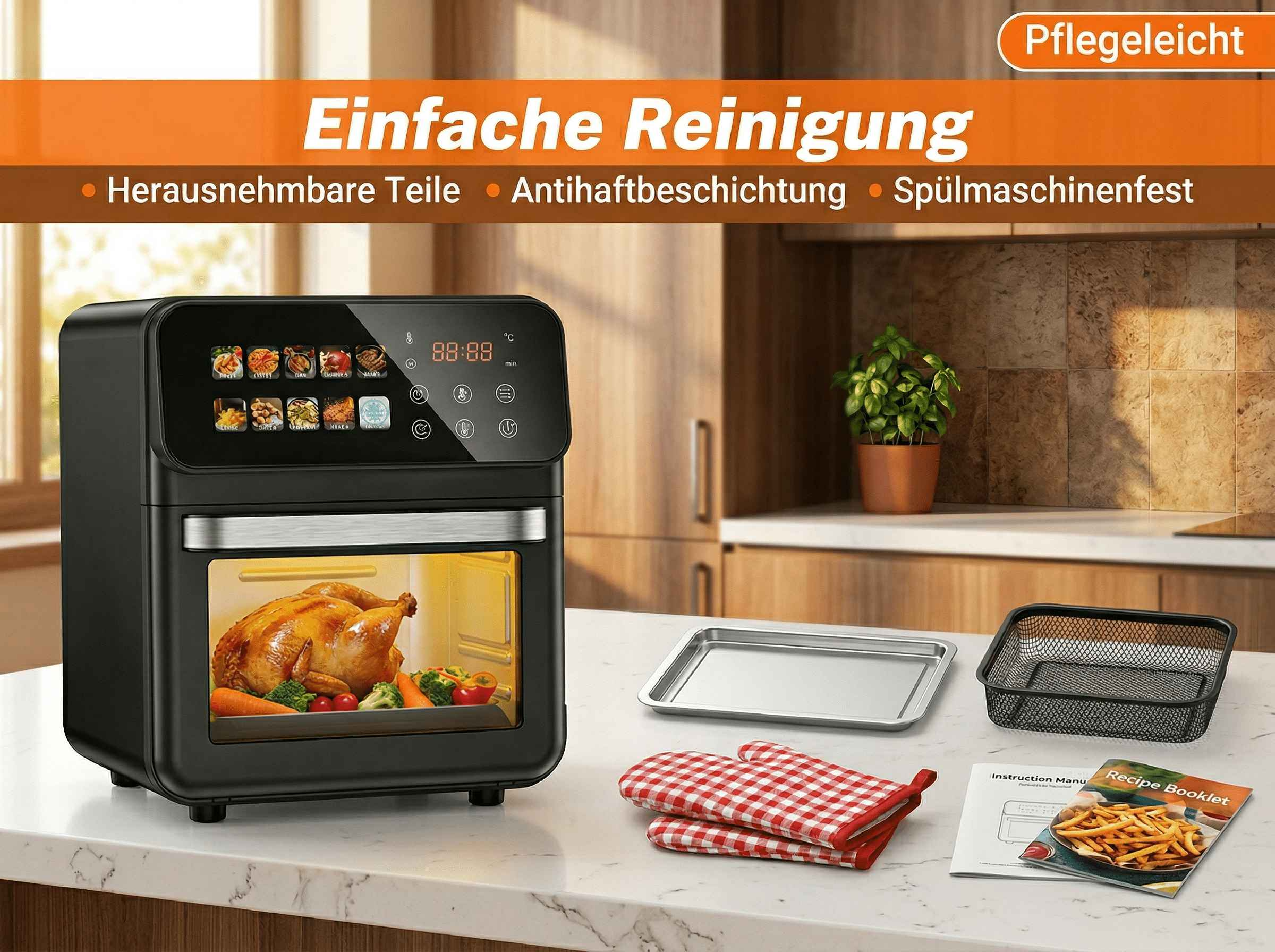 Ein schwarzer Airfryer mit einem Brathähnchen und Gemüse im Inneren, Zubehör daneben.