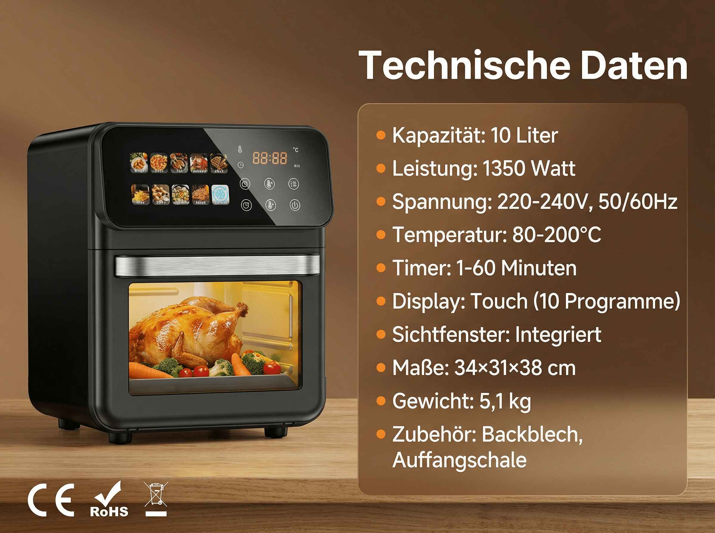 Schwarzer Heißluftfritteuse mit gebratenem Huhn und Gemüse. Technische Daten.