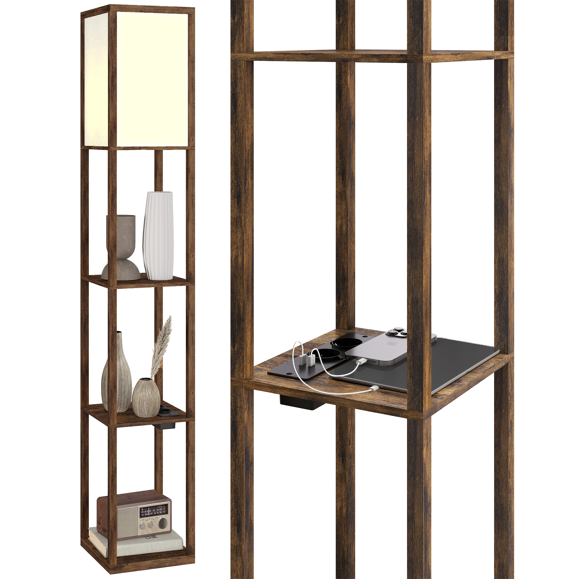 Una lampada da terra in legno con mensole che espongono vasi, una radio ed elettronica.