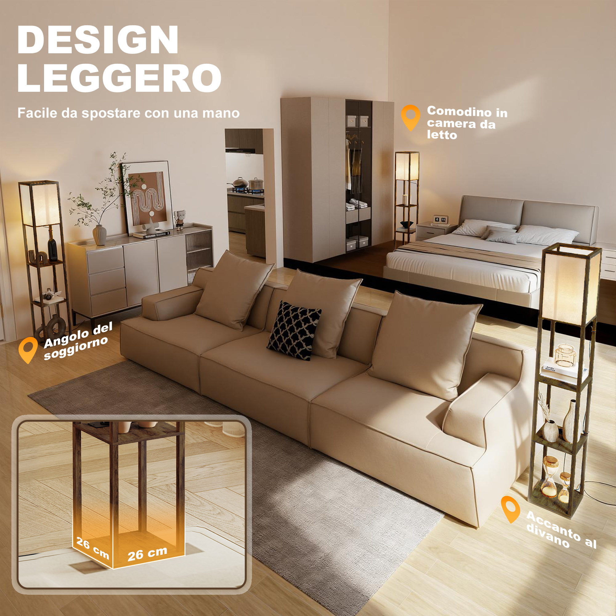 Design leggero: Soggiorno con divano, letto, armadio e lampade.