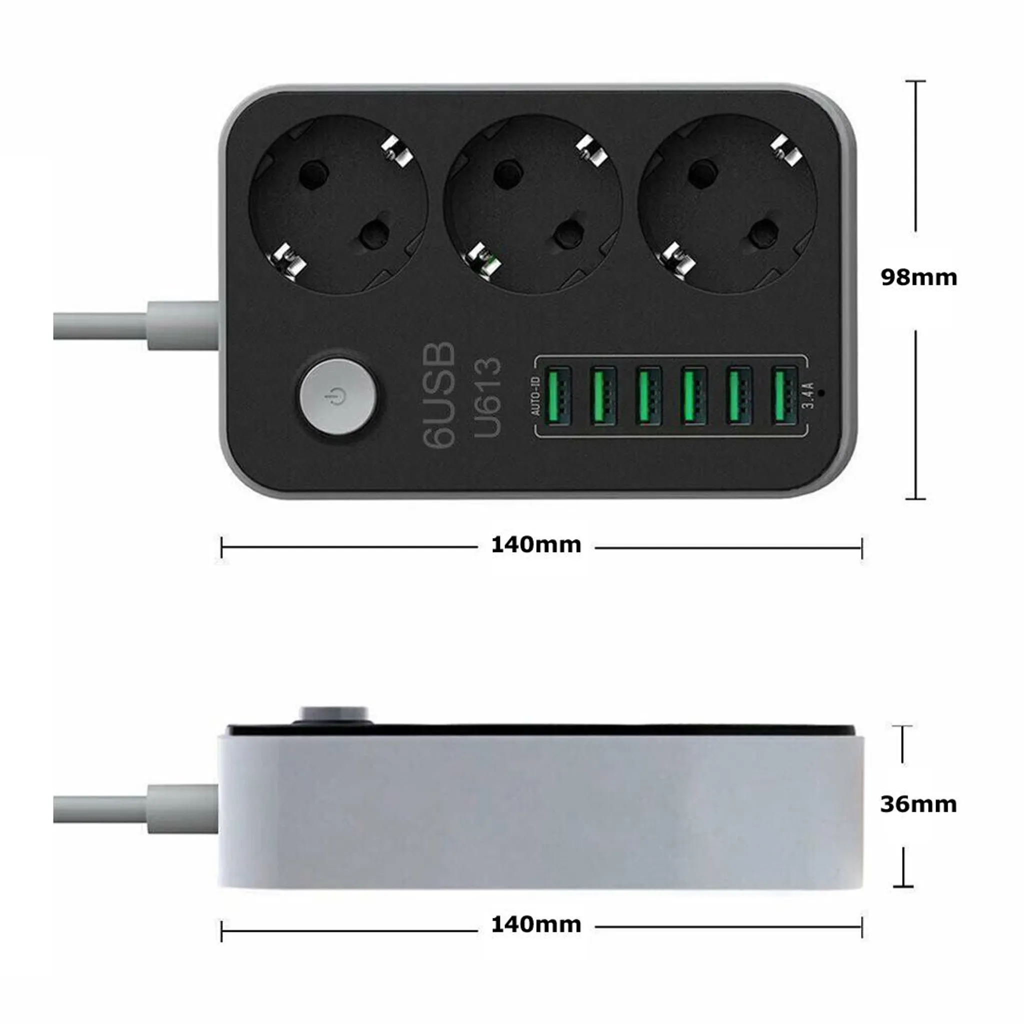 Schwarze Steckdosenleiste mit 3 Steckdosen, 6 USB-Anschlüssen, Netzschalter, Maßen.
