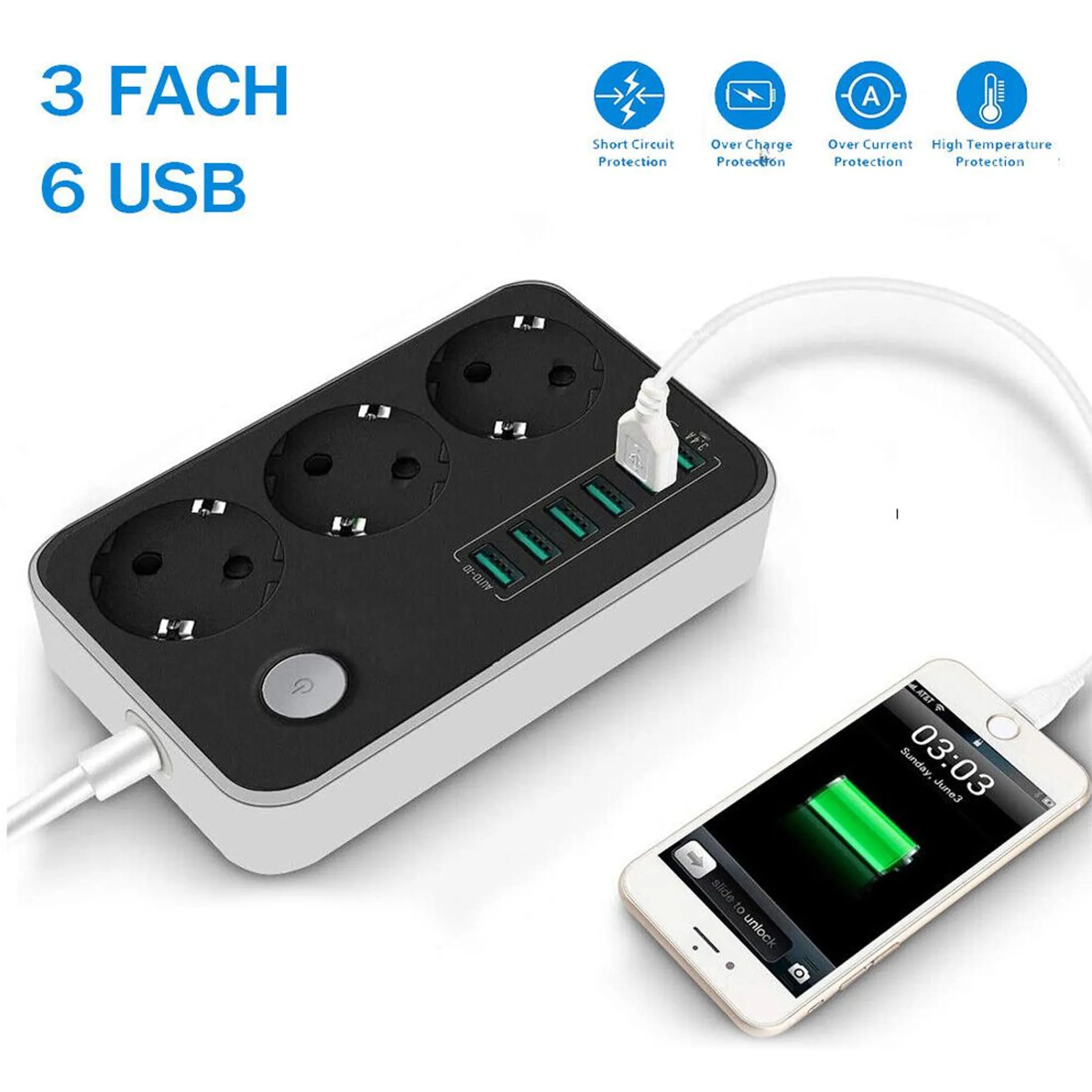 Schwarze Steckdosenleiste mit 3 Steckplätzen und 6 USB-Anschlüssen, die ein iPhone lädt.