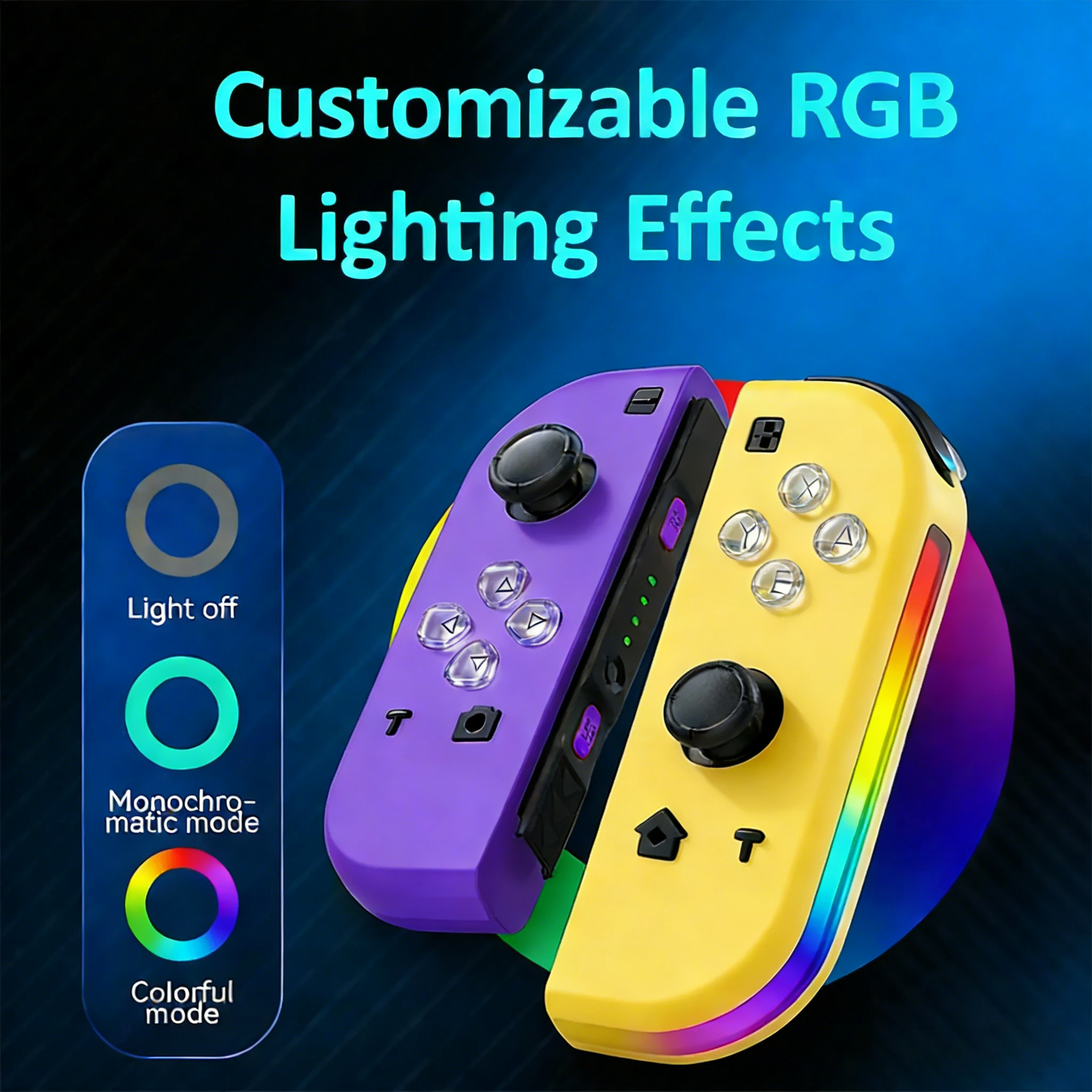 Lila und gelbe Controller mit anpassbaren RGB-Lichteffekten und Modusanzeige.