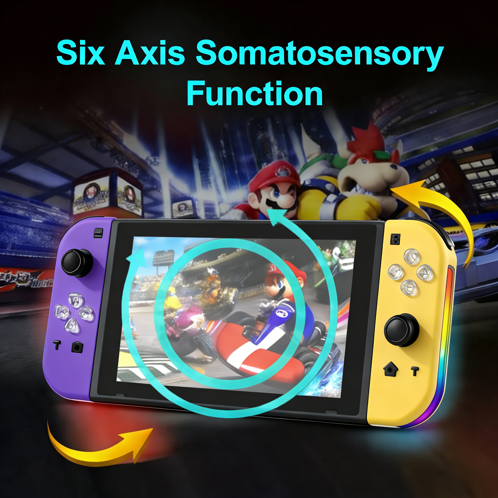 Nintendo Switch mit Mario Kart, lila und gelben Joy-Cons.