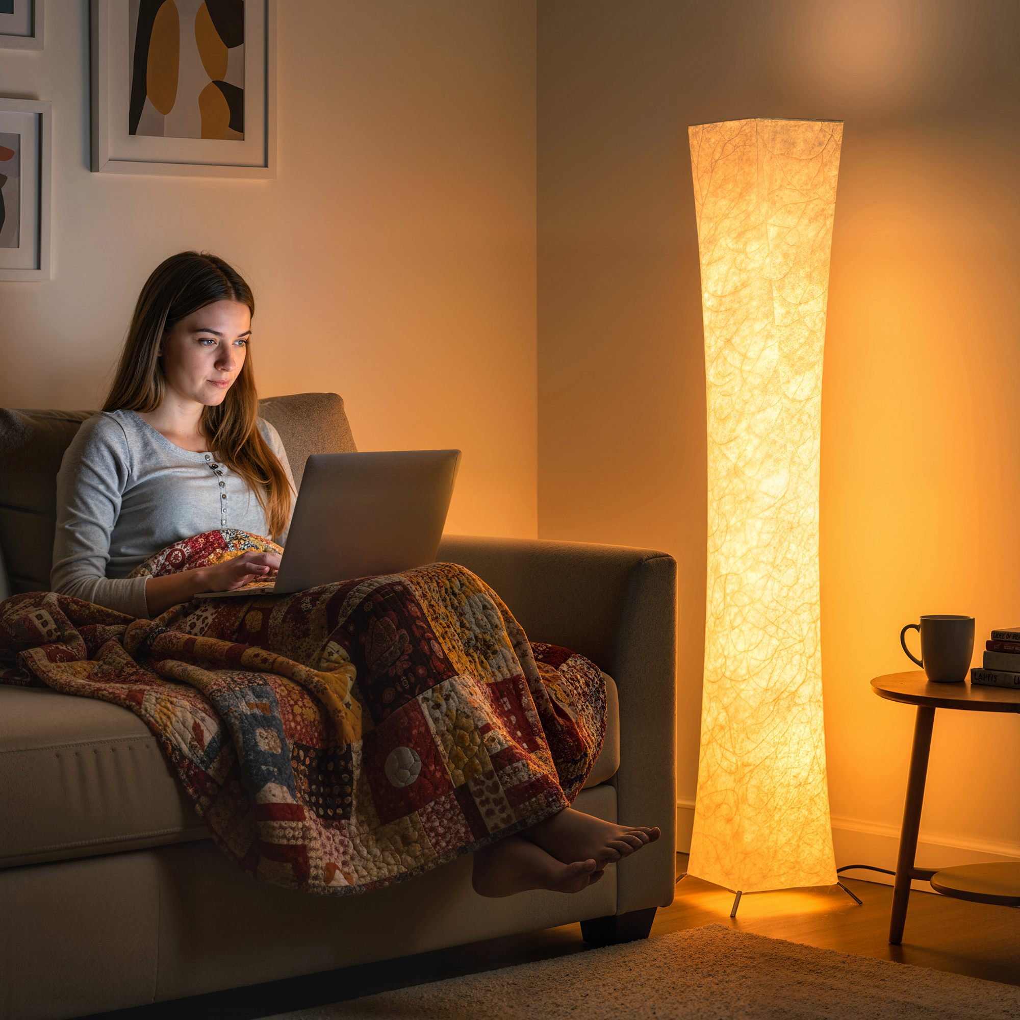Donna seduta su un divano usa un laptop, con una lampada da terra accanto.